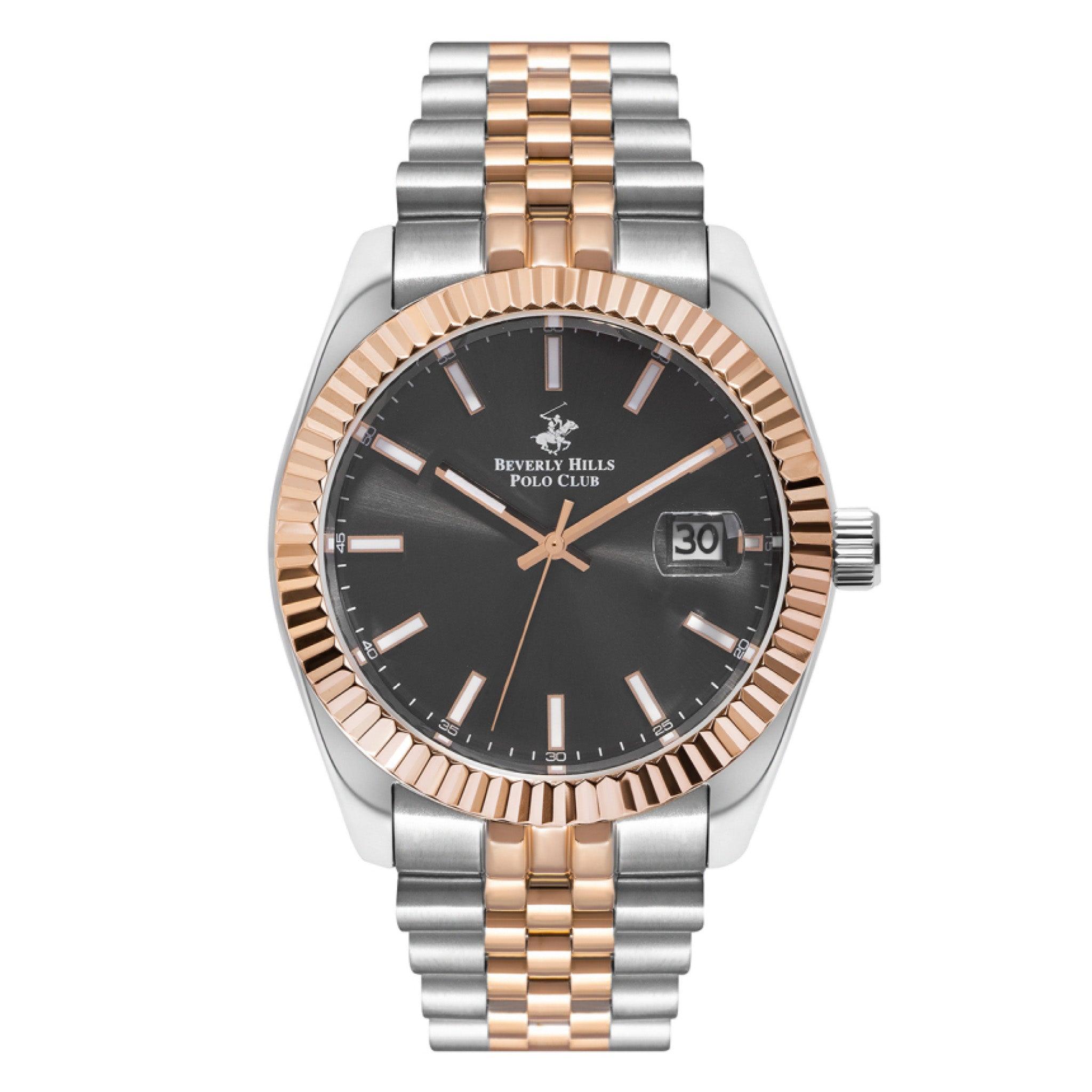 ساعة بيفرلي هيلز بولو كلوب للرجال بحزام معدني فضي وذهبي وردي اللون Beverly Hills Polo Club Men Silver & Rose Gold Metal Strap Analog Watch - Bp3018x.560