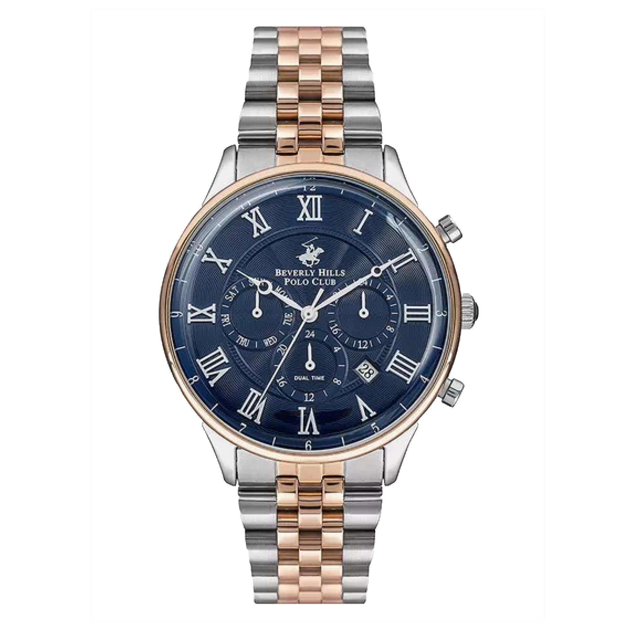 ساعة بيفرلي هيلز بولو كلوب كرونوغراف بحزام معدني فضي وذهبي وردي للرجال Beverly Hills Polo Club Men Silver & Rose Gold Metal Strap Chronograph Watch - Bp3237x.590