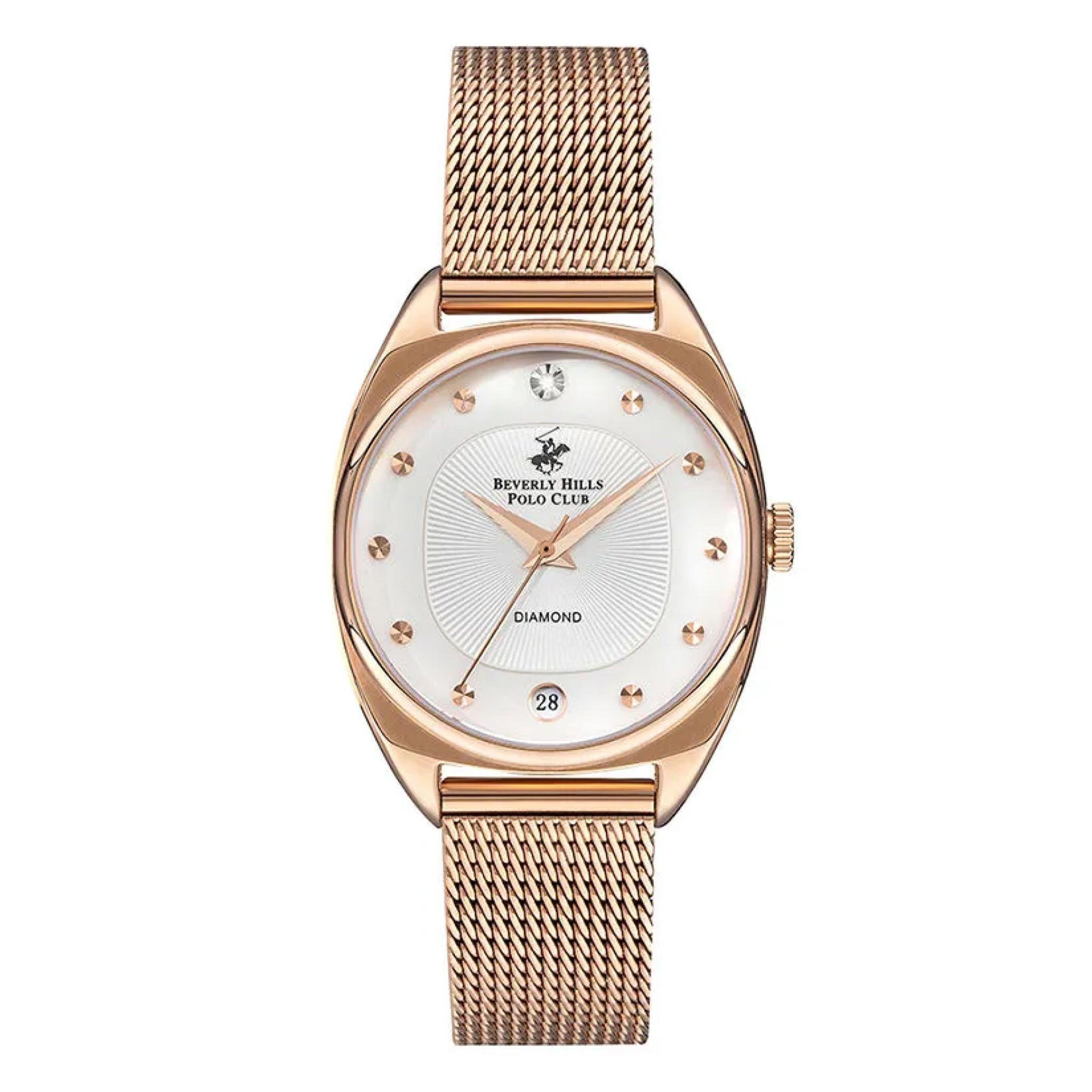 ساعة بيفرلي هيلز بولو كلوب للنساء بحزام شبكي ذهبي وردي انالوج  Beverly Hills Polo Club Women Rose Gold Mesh Strap Analog Watch - Bp3271x.420