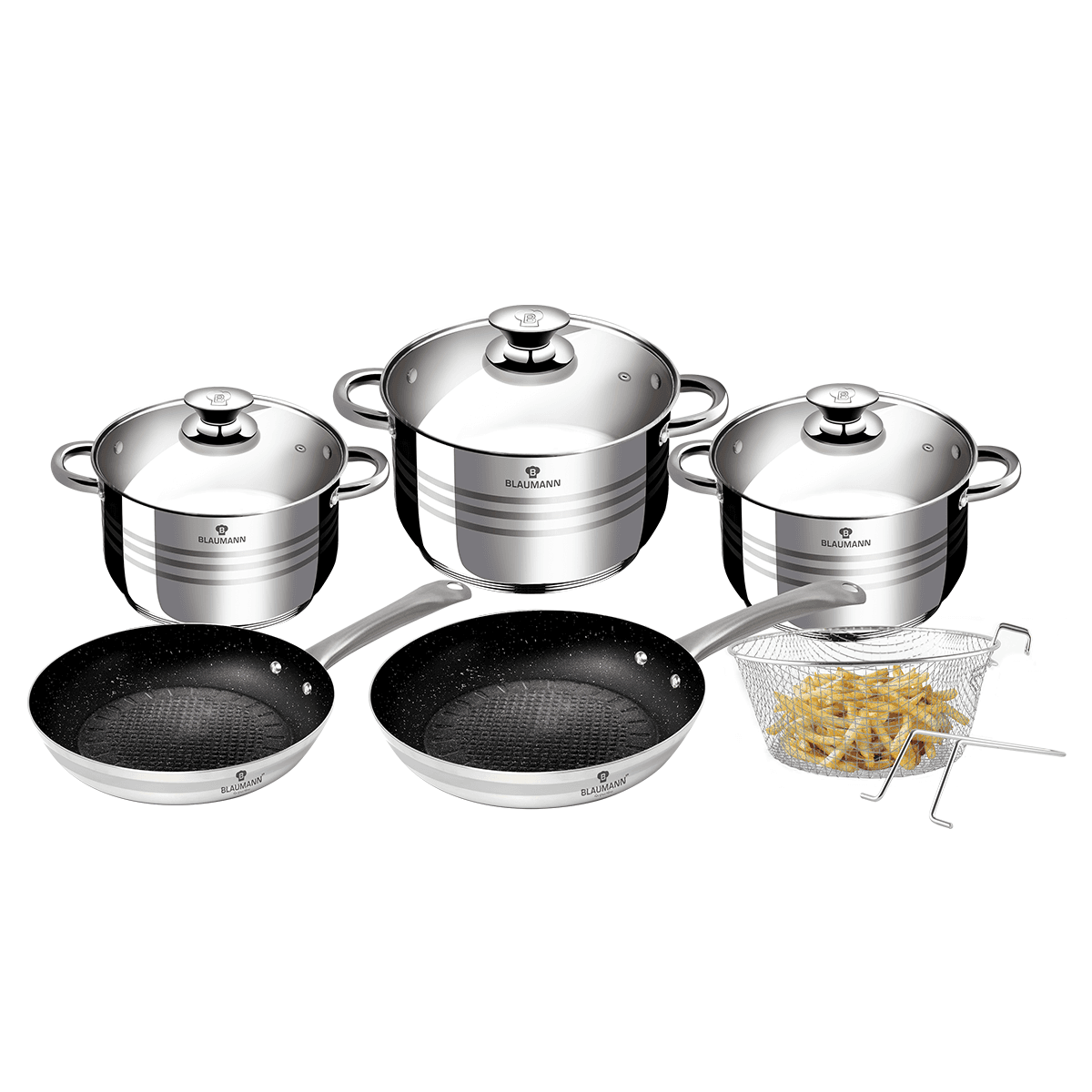 طقم اواني طبخ 10 قطع ستانلس ستيل صناعة المجر فضي بلاومان Blaumann Stainless Steel 10 Pieces Cookware Set