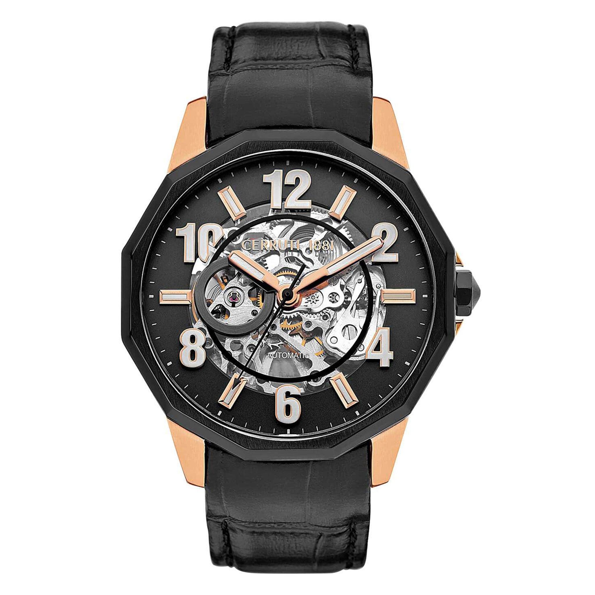 ساعة للرجال جلد طبيعي اسود شيروتي Cerruti 1881 Men's Molveno Automatic Round Analog Wrist Watch Ciwge2206304
