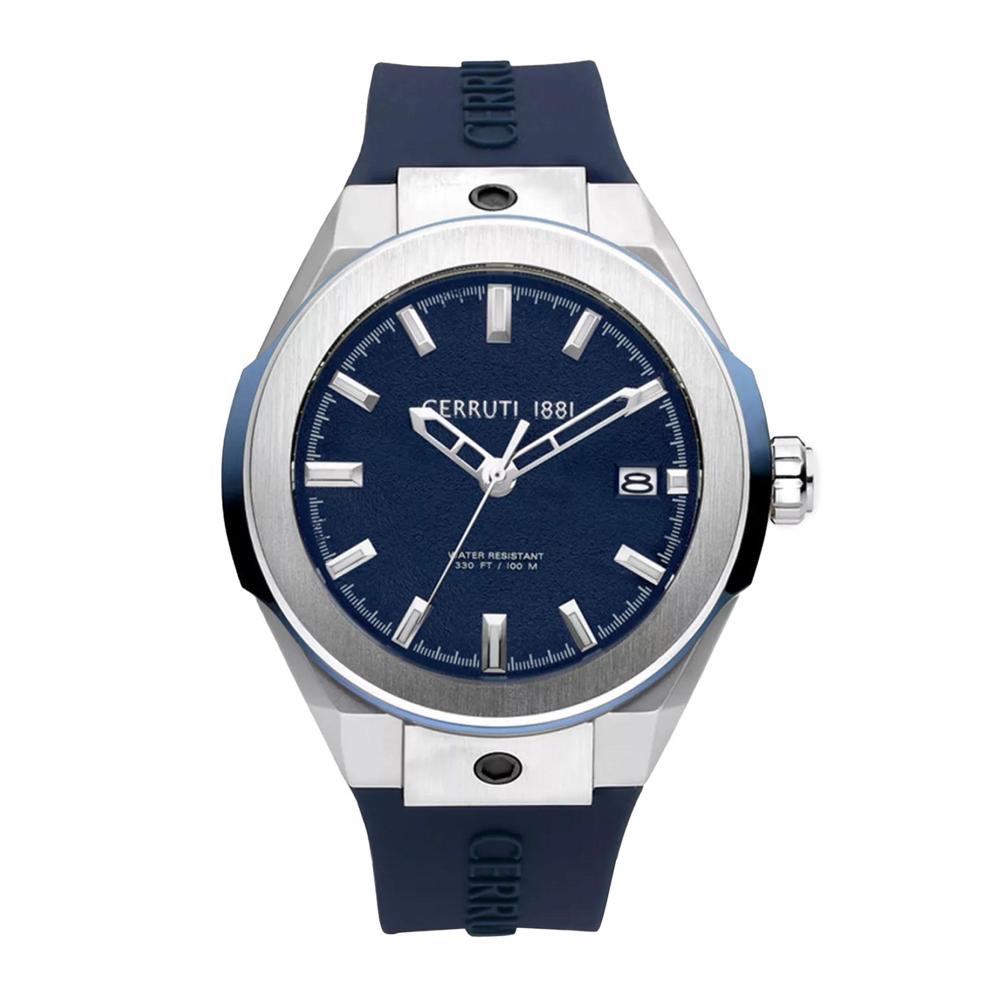ساعة للرجال سيليكون ازرق فضي شيروتي Cerruti 1881 Men's Navy Blue Silicone Analog Quartz Watch Crwa29002