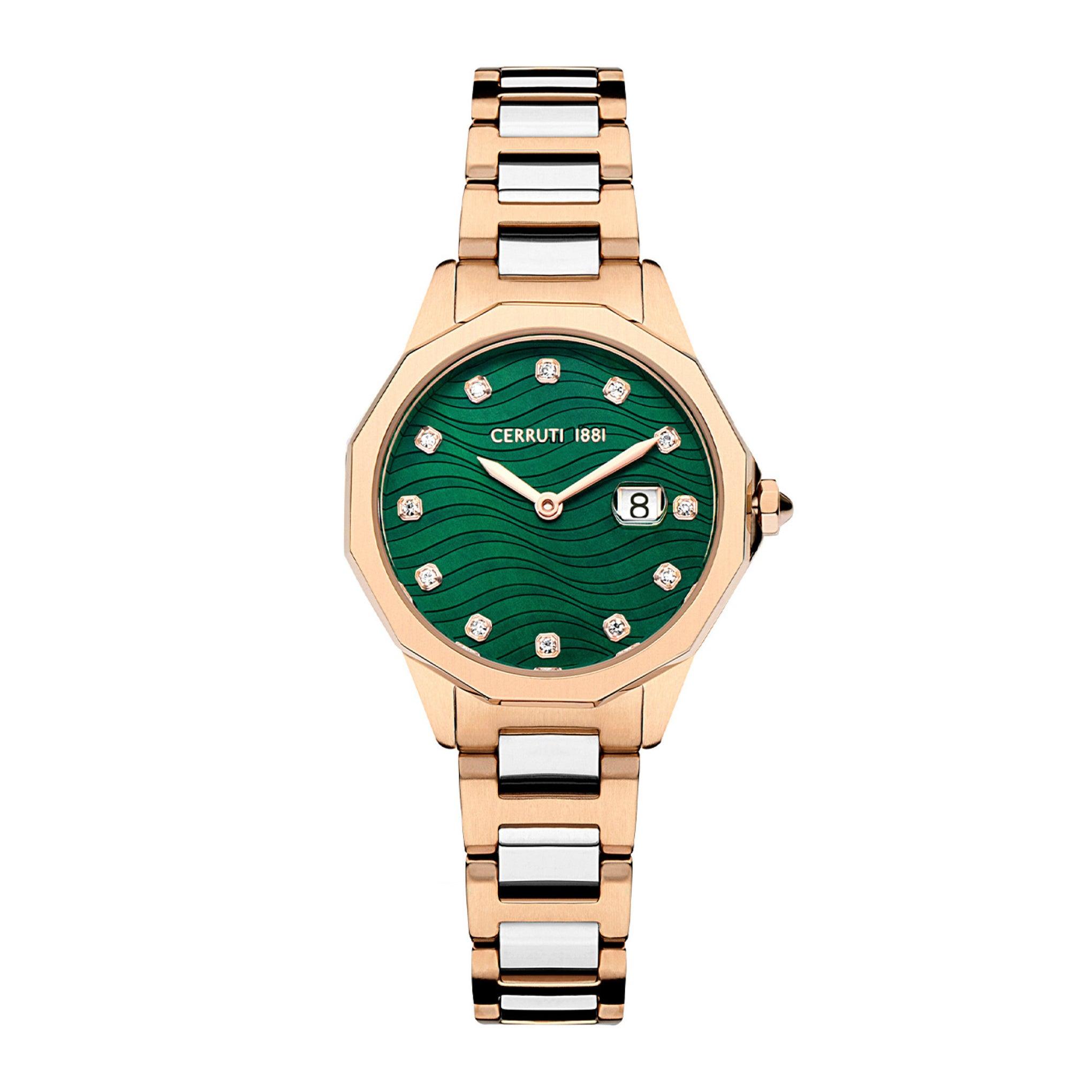 ساعة نسائية ستانلس ستيل دهبي اخضر شيروتي Cerruti 1881 Women's Jesina Analog Green Dial Stainless Steel Watch Ciwlg2232402