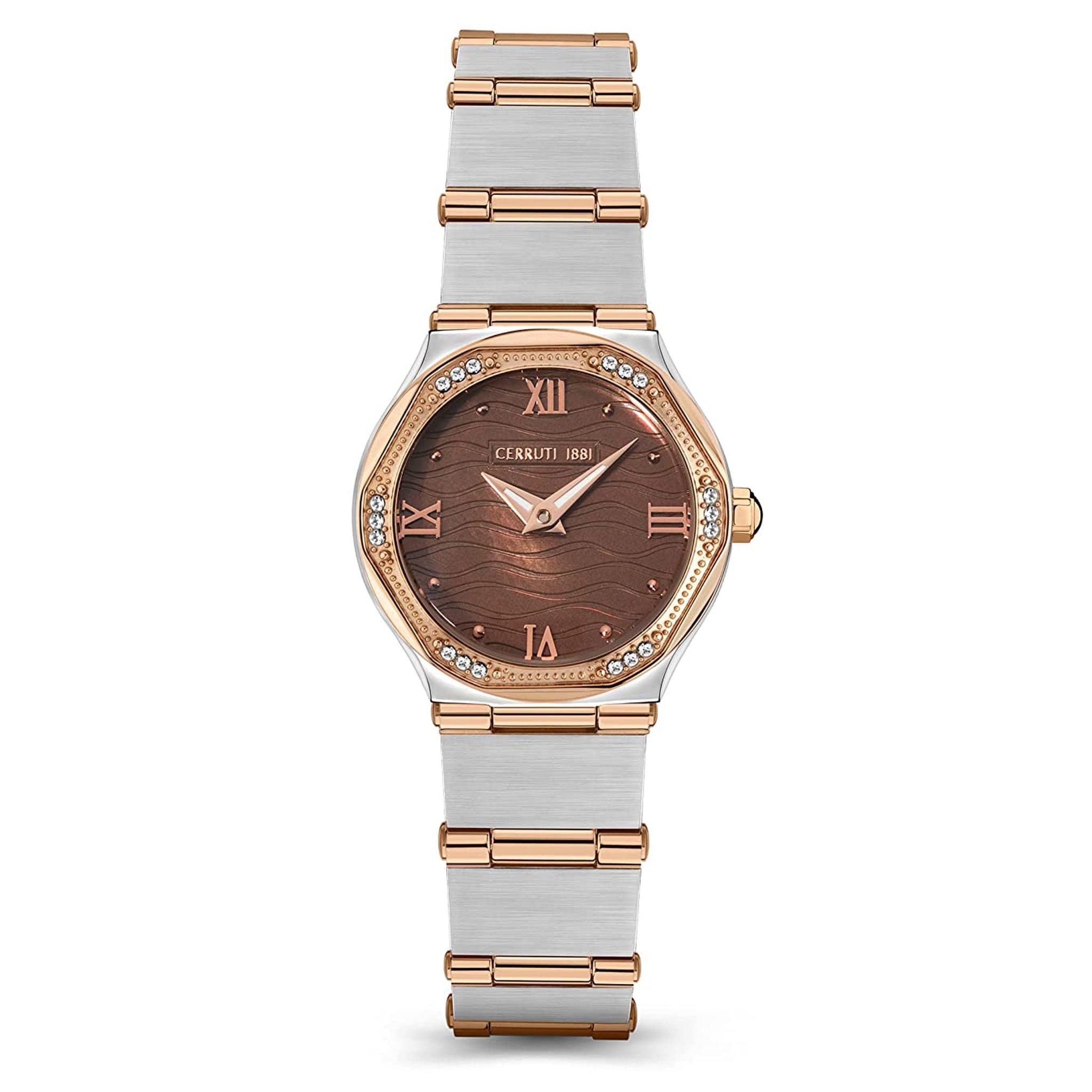 ساعة نسائية ستانلس ستيل فضي بني شيروتي Cerruti 1881 Women's Rendinara Crystals Two Tone Stainless Steel Brand Watch Ciwlg2117001