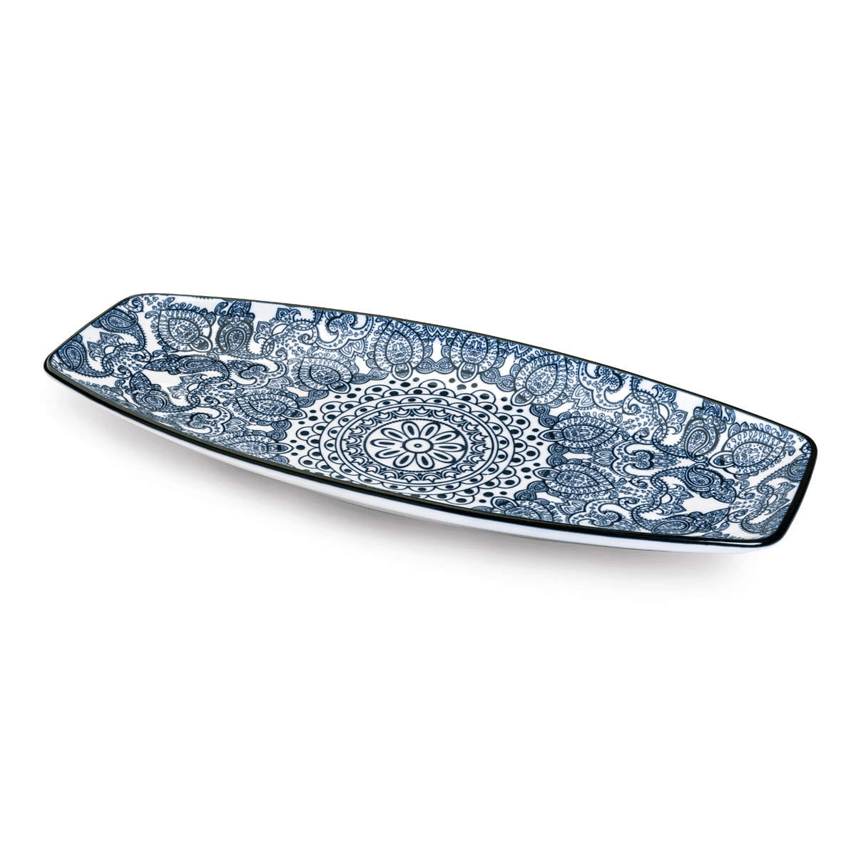 Che Brucia Arabesque Blue Porcelain Boat Shape Plate 14" Blue Ivory Porcelain