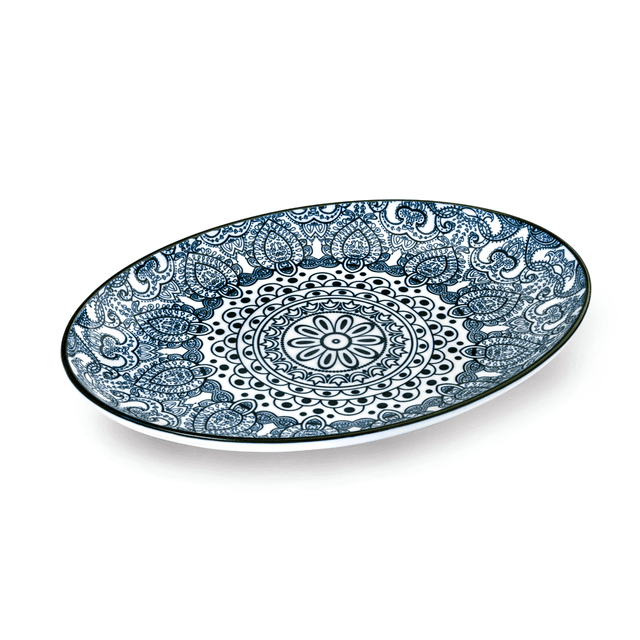 صحن تقديم بيضوي بورسلان 25.4 سم أزرق شي بروشي Che Brucia Arabesque Oval Plate - SW1hZ2U6MTg0NDYwNQ==