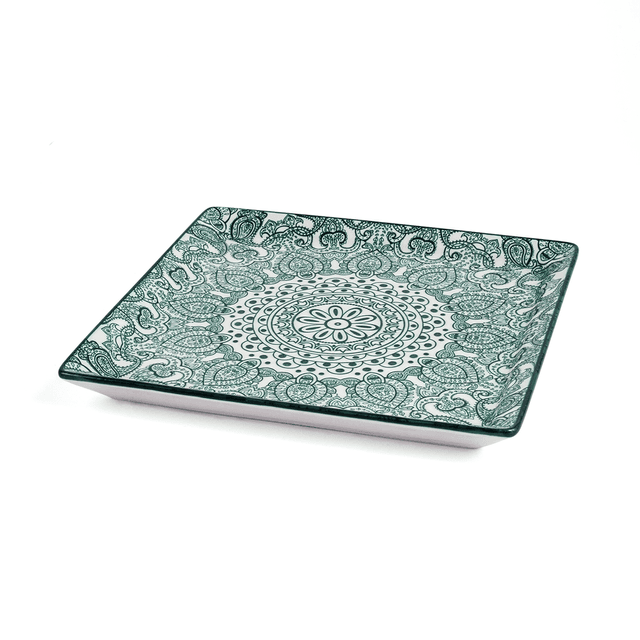 Che Brucia Arabesque Green Porcelain Square Plate 22 cm / 9" Green White Porcelain - SW1hZ2U6MTg0NDgyOA==