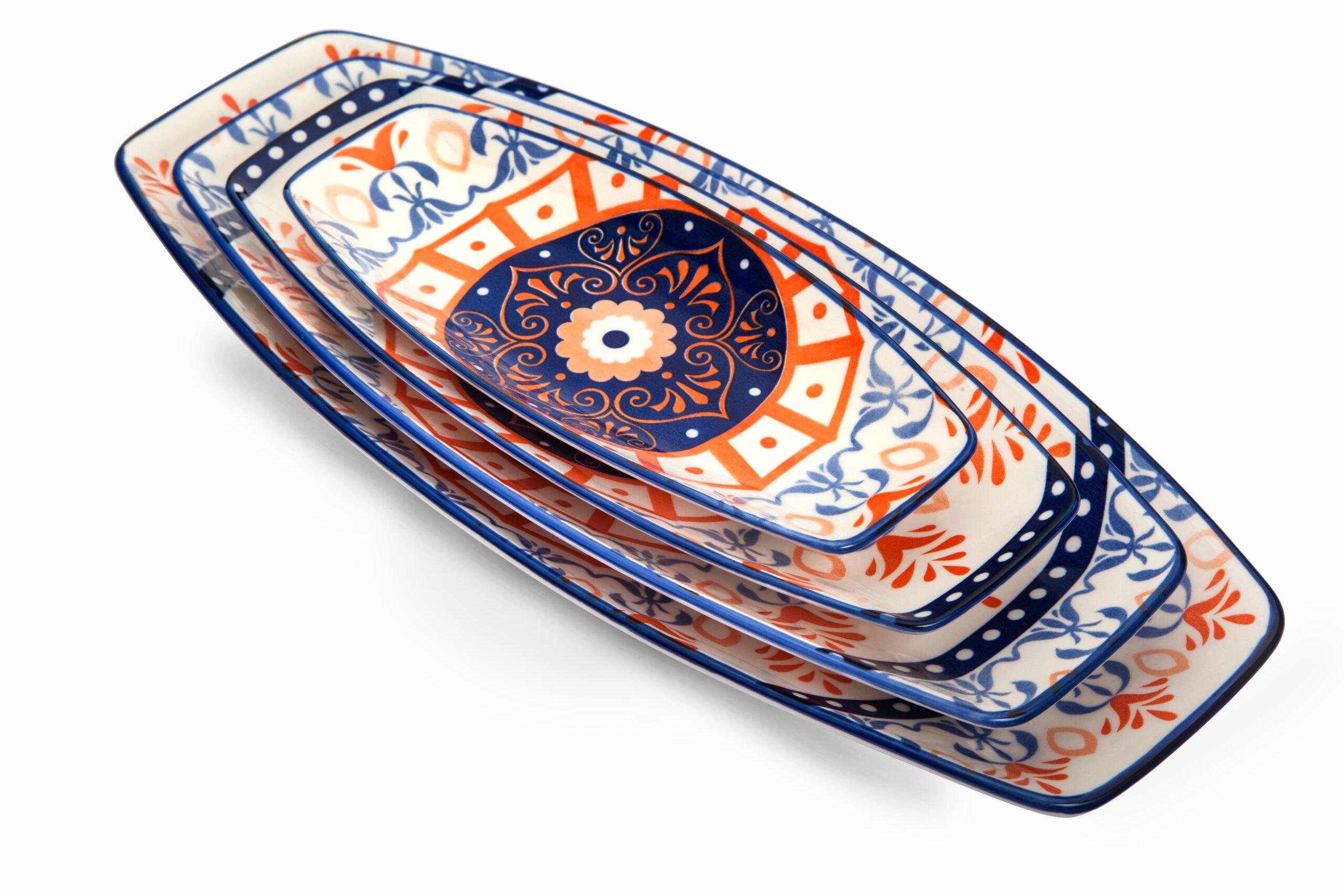 Che Brucia Henna Porcelain Boat Shape Plate 14" Ivory Orange Blue Porcelain
