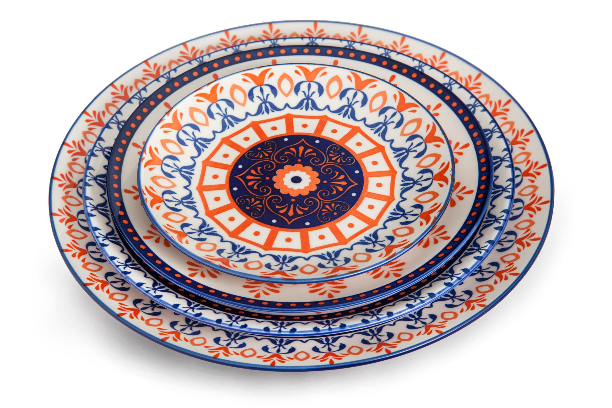 Che Brucia Henna Porcelain Round Plate 10.5" Ivory Orange Blue Porcelain