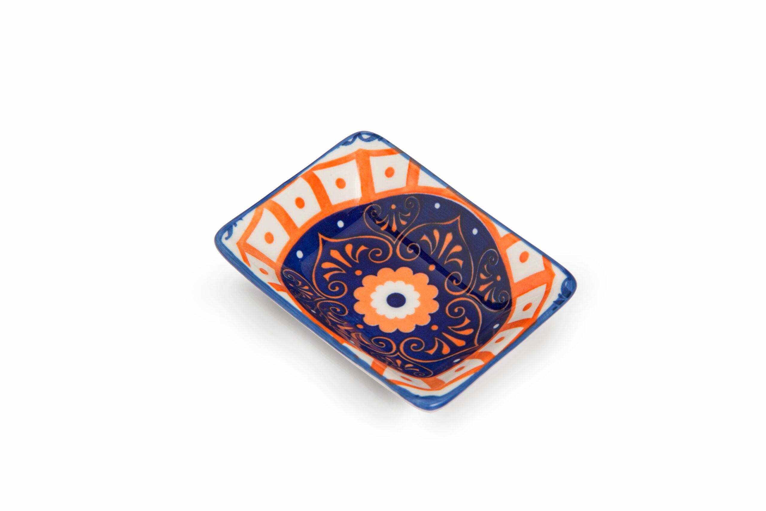 Che Brucia Henna Porcelain Small Rectangular Dish 8.5 cm / 3.4" Ivory Orange Blue Porcelain