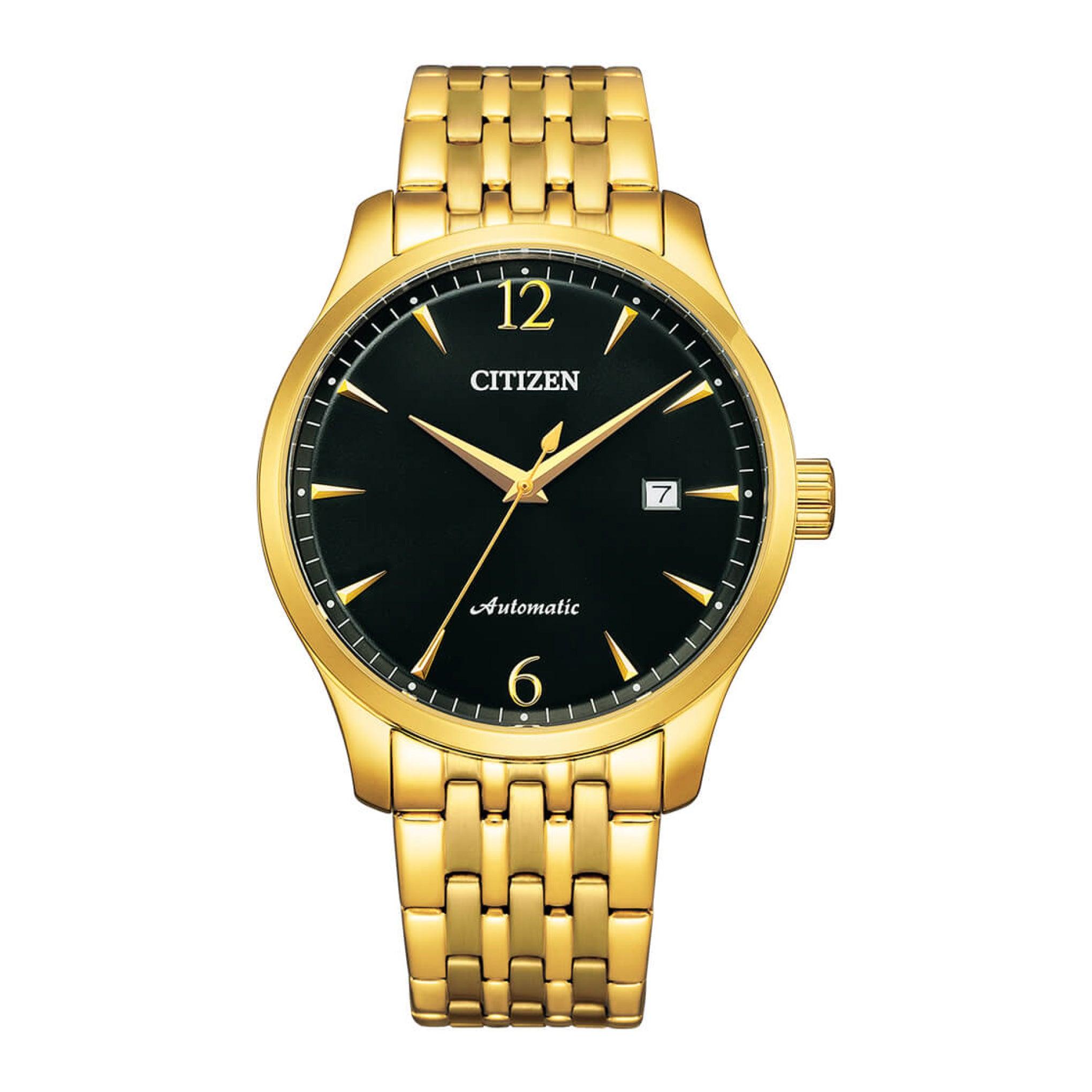 ساعة للرجال ستانلس ستيل دهبي اسود سيتزنCitizen Automatic Black Dial Gold Stainless Steel Men's Watch Nj0112-80e