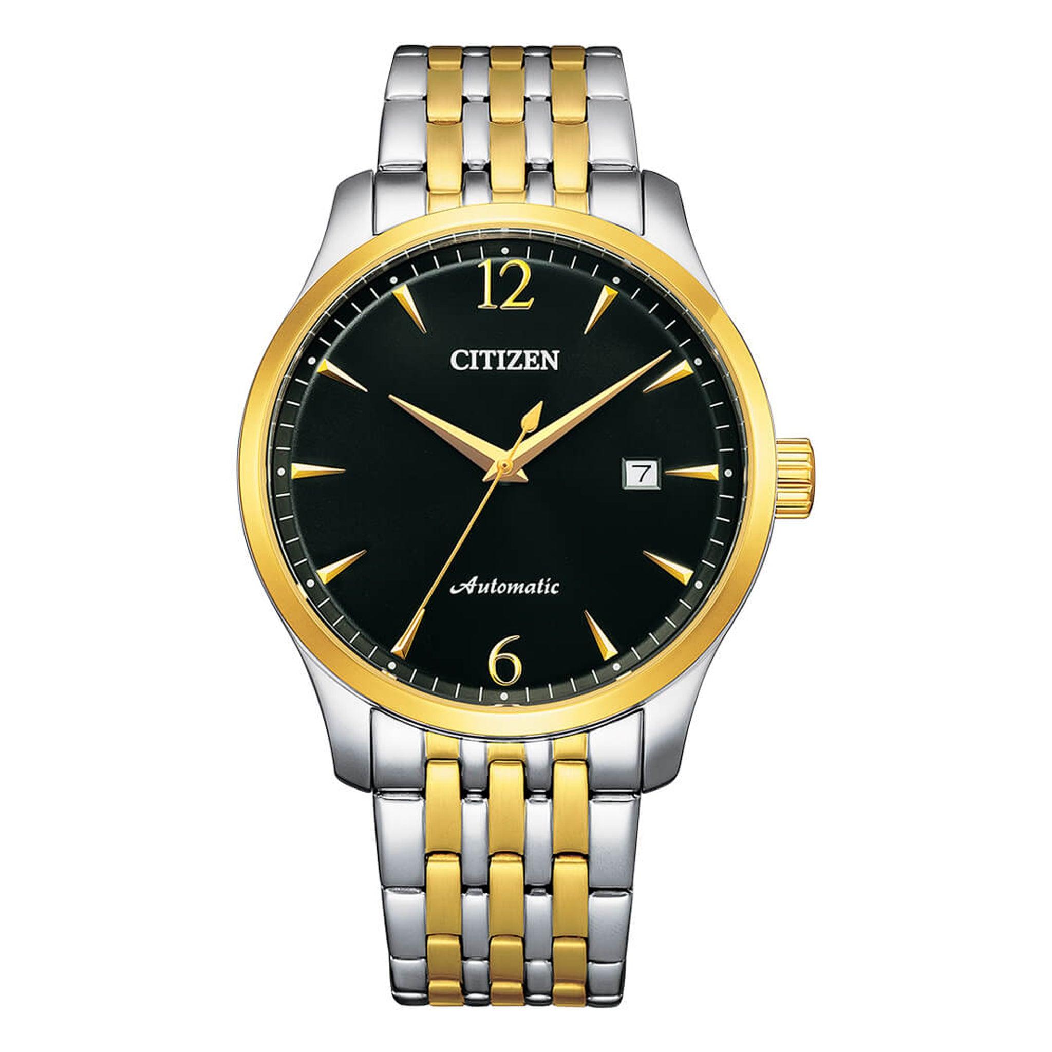 ساعة للرجال ستانلس ستيل دهبي اسود سيتزن Citizen Automatic Black Dial Two Tone Stainless Steel Men's Watch Nj0114-84e