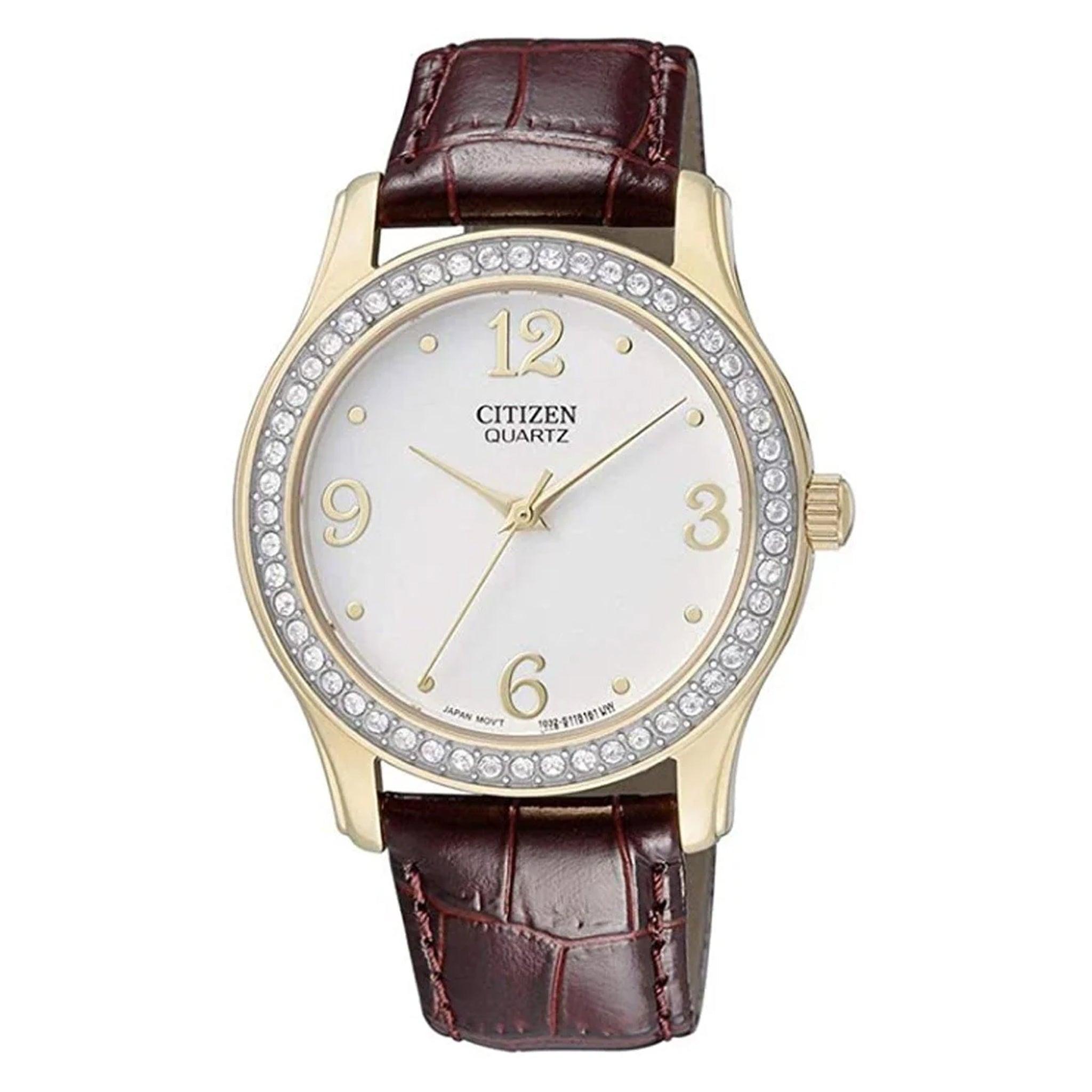 ساعة نسائية جلد بني ابيض سيتزن Citizen For Women White Dial Leather Band Watch El3012-00a