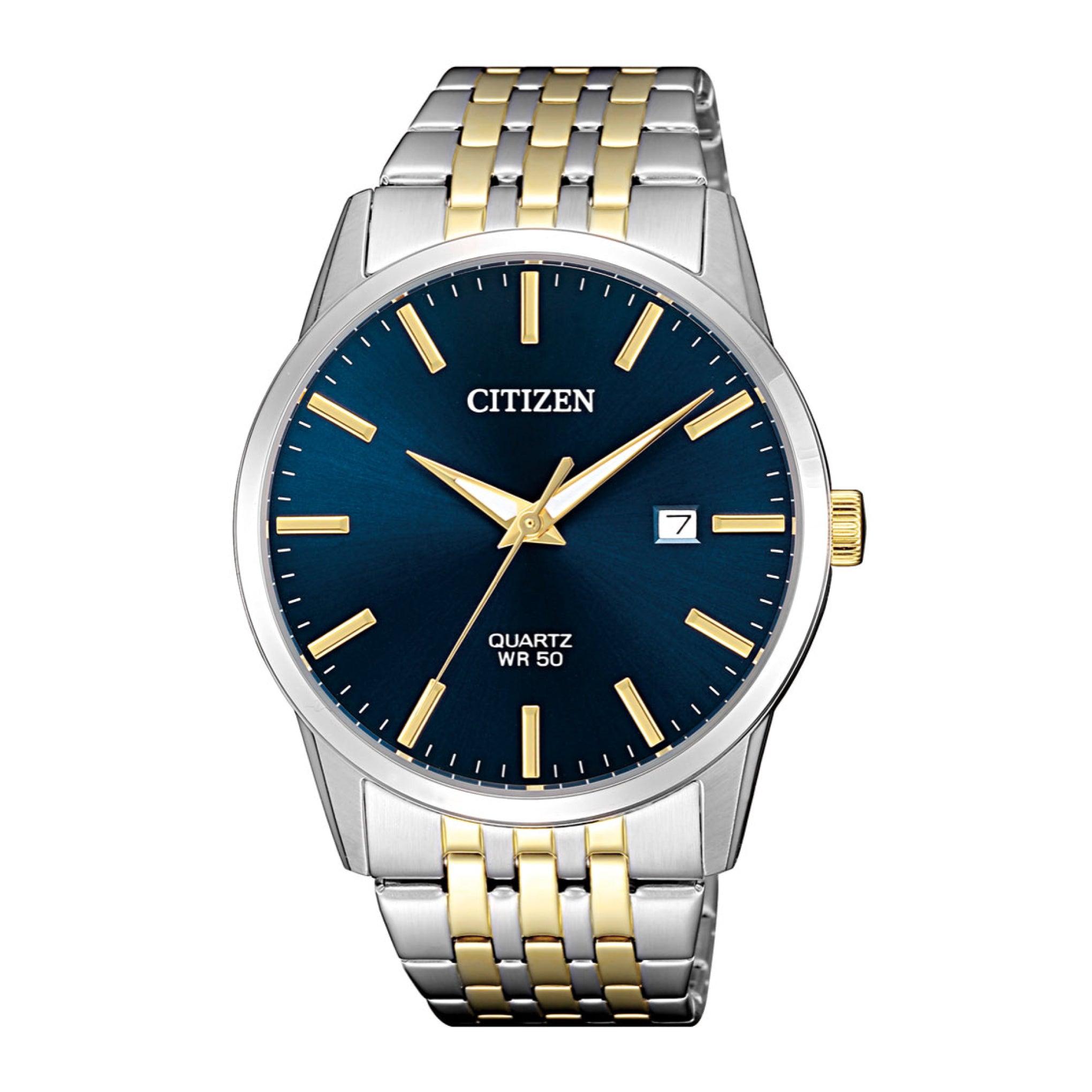 ساعة للرجال ستانلس ستيل فضي دهبي ازرق سيتزن Citizen Men's Analog Quartz Blue Dial Stainless Steel Watch Bi5006-81l