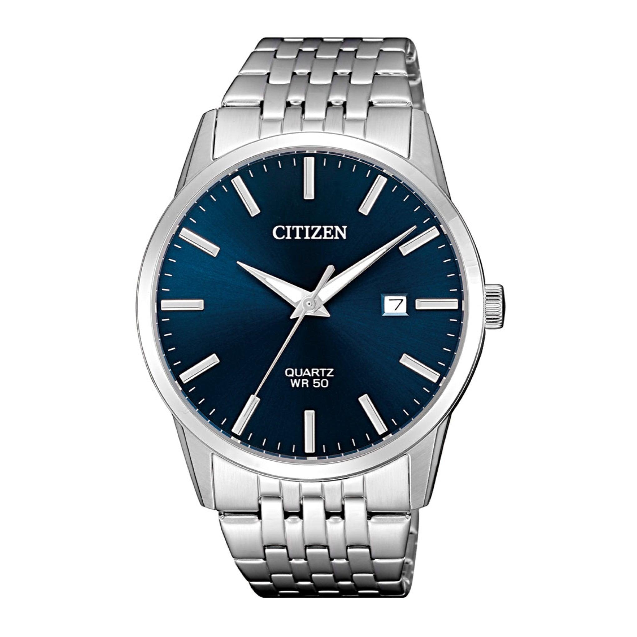 ساعة للرجال ستانلس ستيل فضي ازرق سيتزن Citizen Men's Analog Quartz Royal Blue Dial Stainless Steel Watch Bi5000-87l