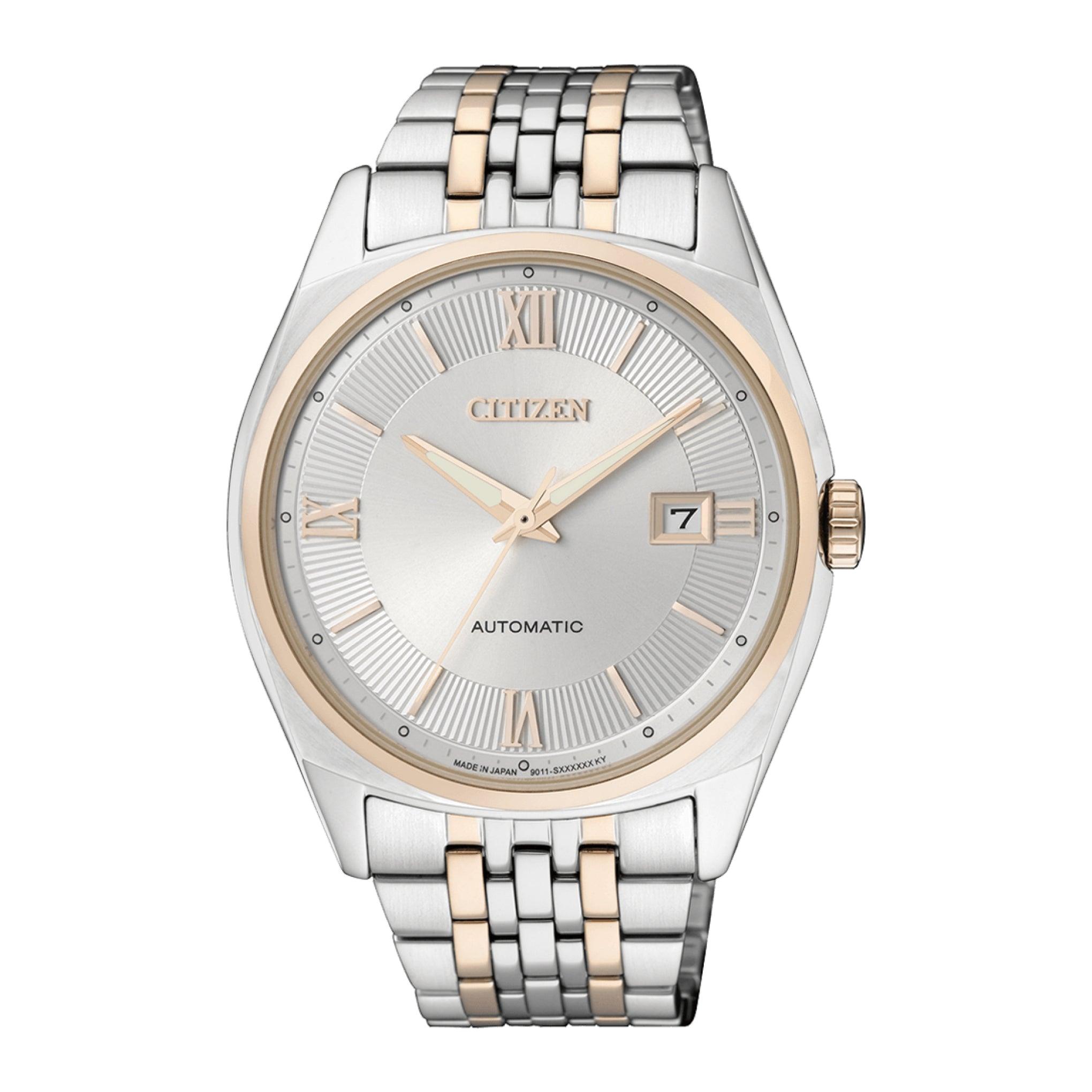 ساعة للرجال ستانلس ستيل فضي دهبي سيتزن Citizen Men's Automatic Analog White Dial Stainless Steel Watch Nb1024-59a