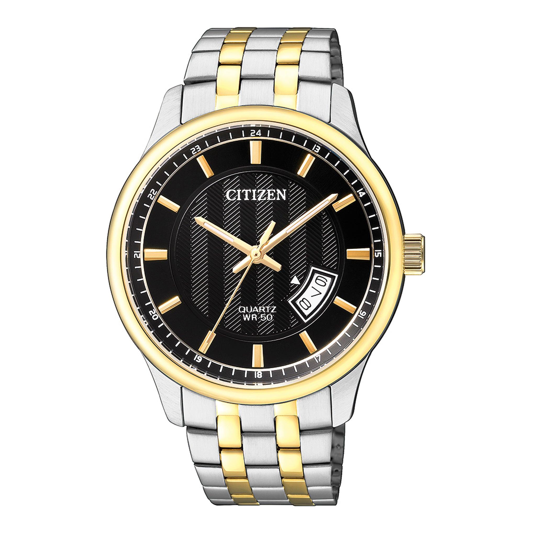 ساعة للرجال ستانلس ستيل فضي دهبي سيتزن Citizen Men's Black Dial Stainless Steel Band Watch - Bi1054-80e