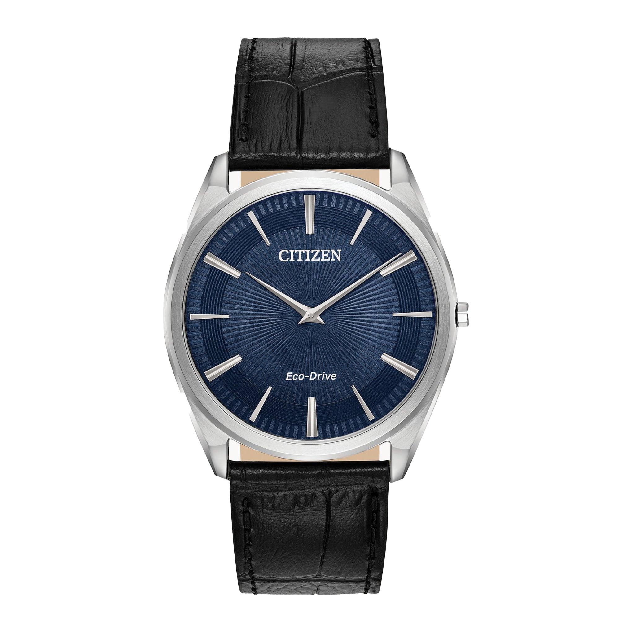 ساعة للرجال جلد اسود كحلي سيتزن Citizen Men's Eco-Drive Stiletto Blue Dial Strap Watch Ar3070-04l