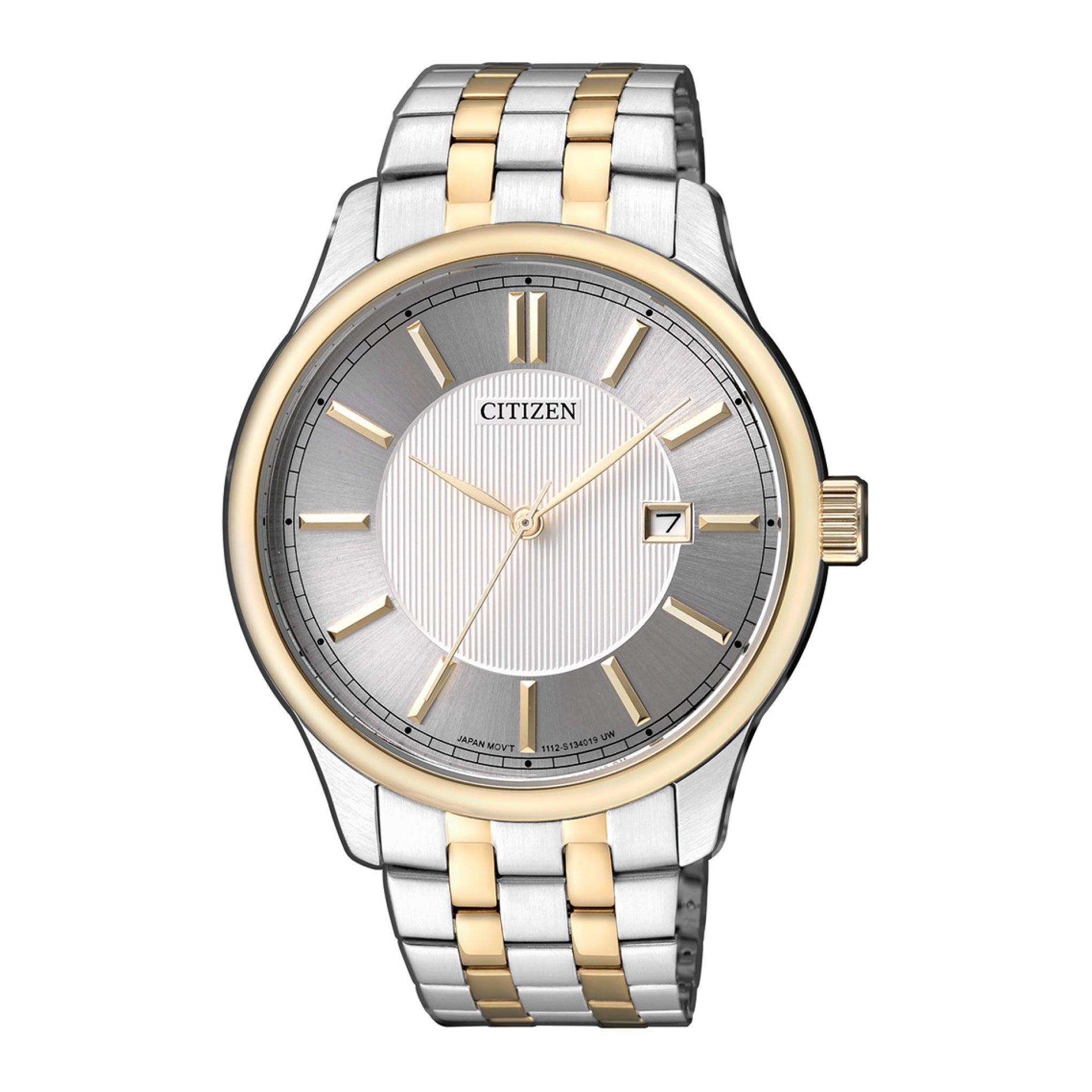 ساعة للرجال ستانلس ستيل فضي دهبي سيتزن Citizen Men's Quartz Analog Display Stainless Steel Strap Bi1054-55