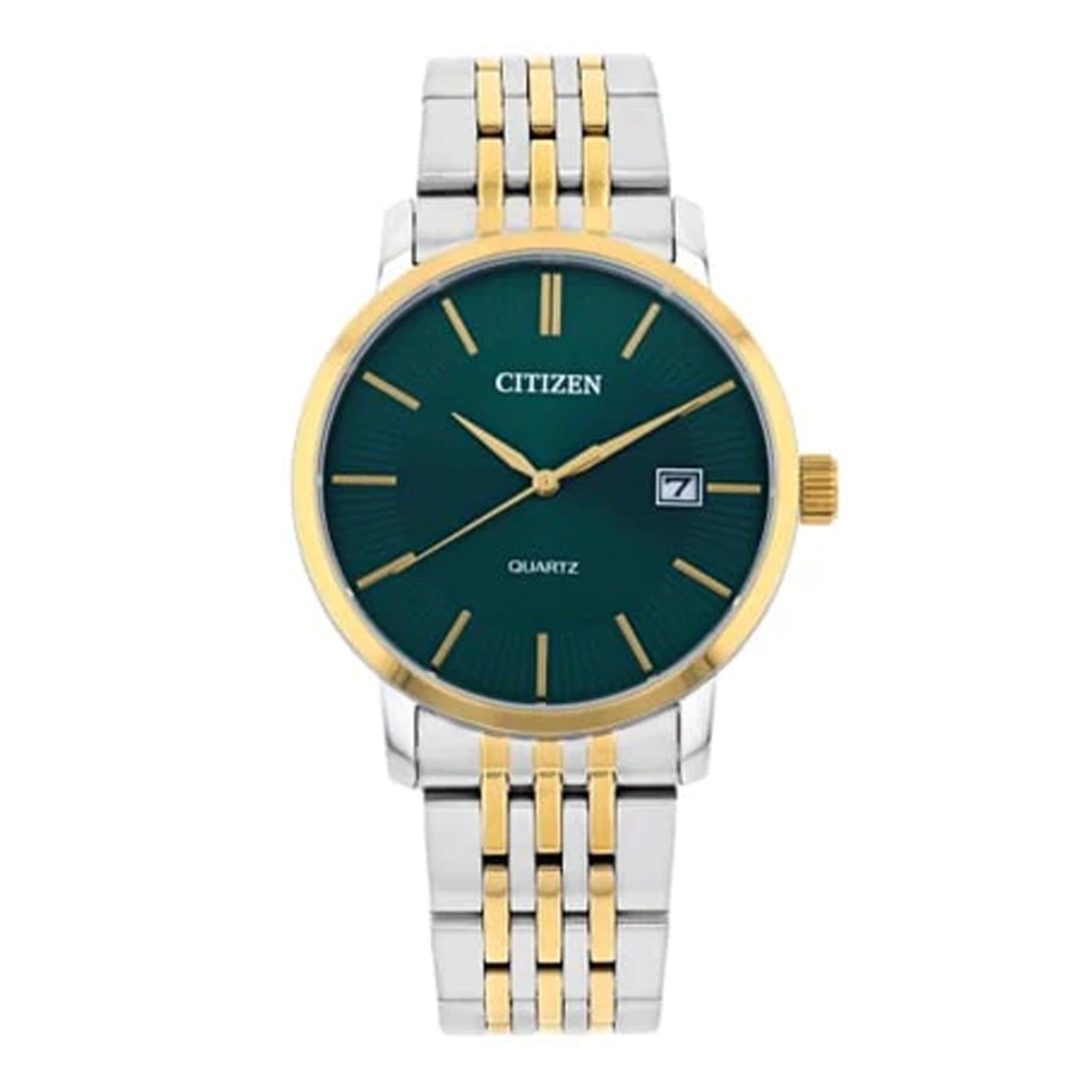 ساعة رجالية ستانلس ستيل فضي اخضر سيتزن Citizen Men's Quartz Analog Green Dial Two-Tone Stainless Steel Watch Dz0044-50x