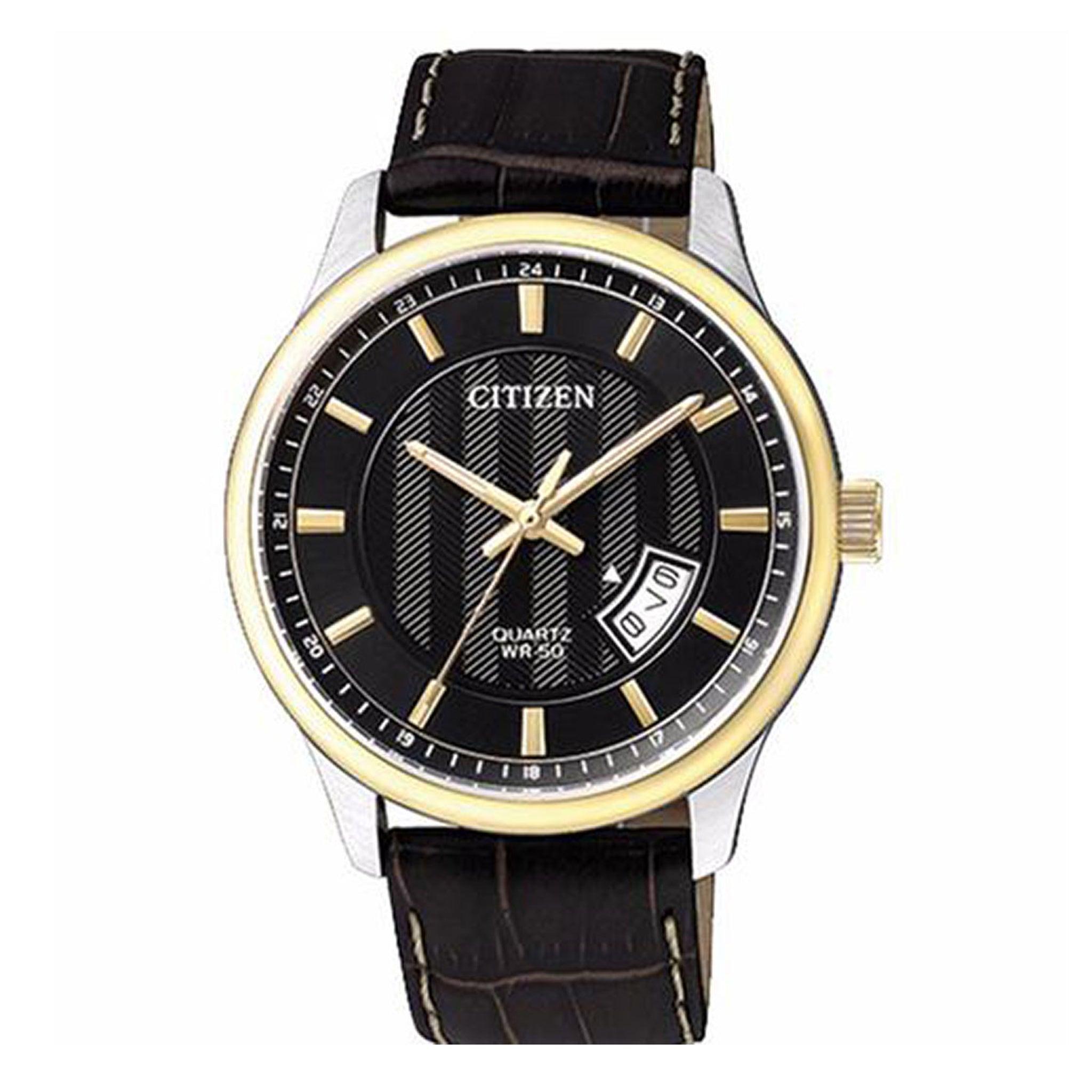 ساعة للرجال جلد اسود سيتزن Citizen Men's Quartz Watch, Analog Display And Leather Strap - Bi1054-12e