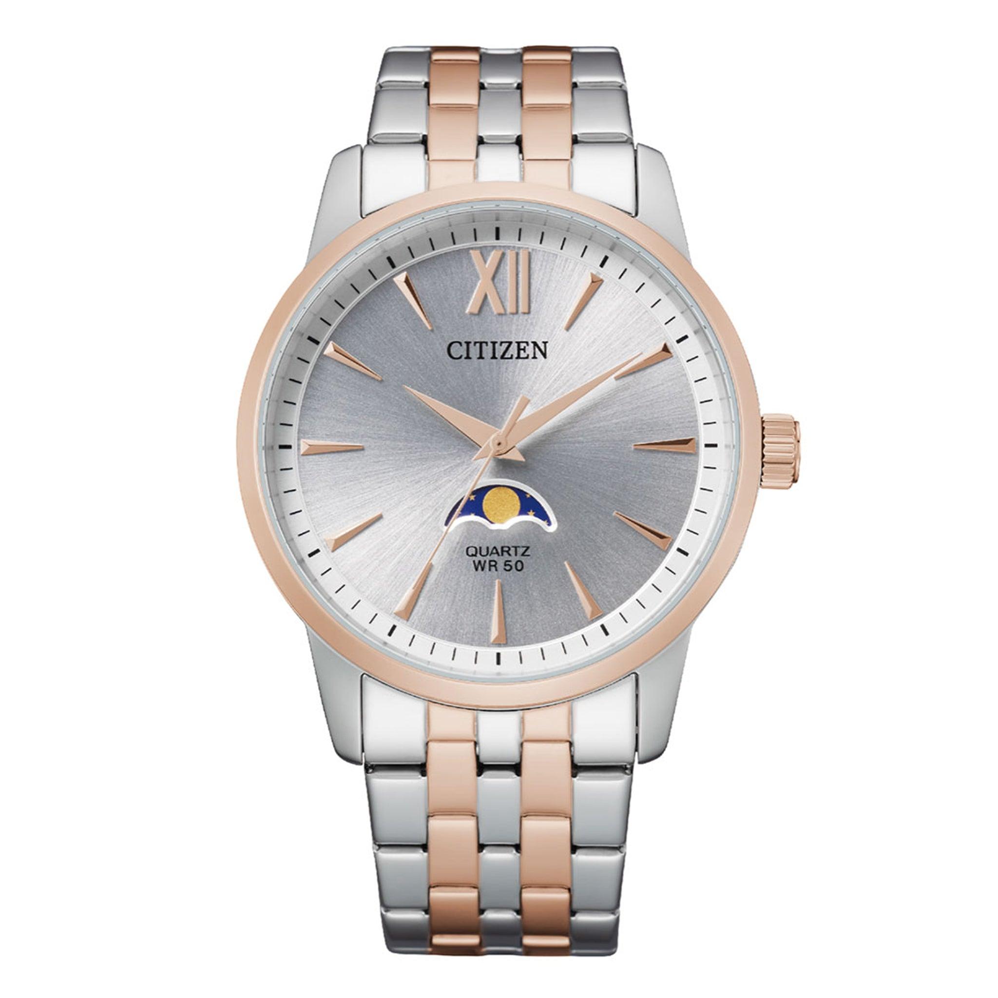 ساعة للرجال ستانلس ستيل فضي دهبي سيتزن Citizen Mens Quartz Watch, Analog Display And Stainless Steel Strap - Ak5006-58a