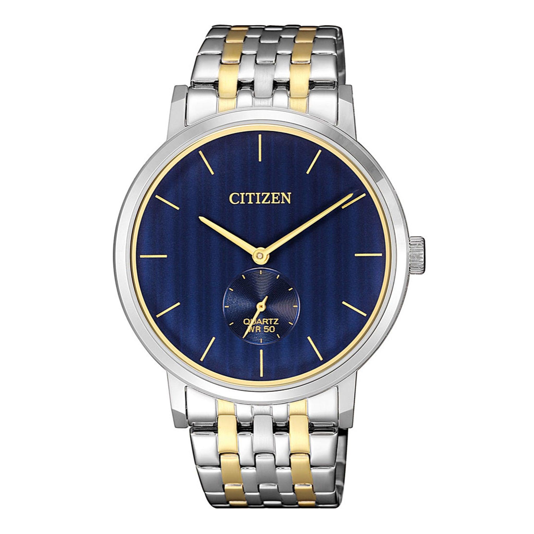 ساعة  للرجال ستانلس ستيل فضي ازرق سيتزن Citizen Men's Quartz Watch, Analog Display And Stainless Steel Strap - Be9174-55l