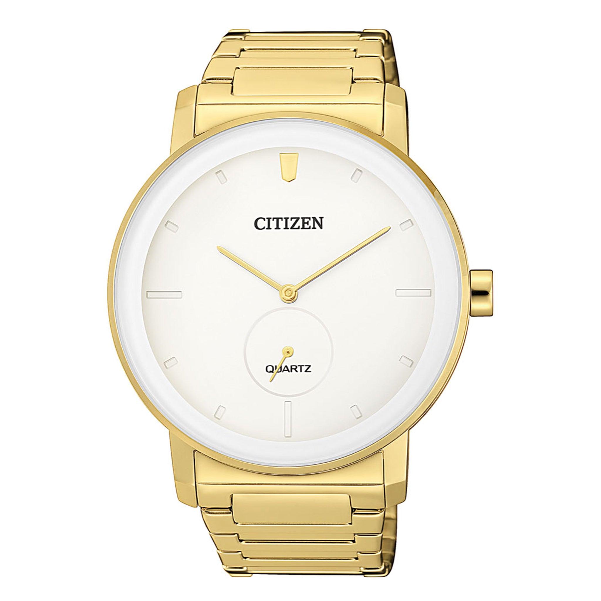 ساعة للرجال ستانلس ستيل دهبي سيتزن Citizen Mens Quartz Watch, Analog Display And Stainless Steel Strap - Be9182-57a