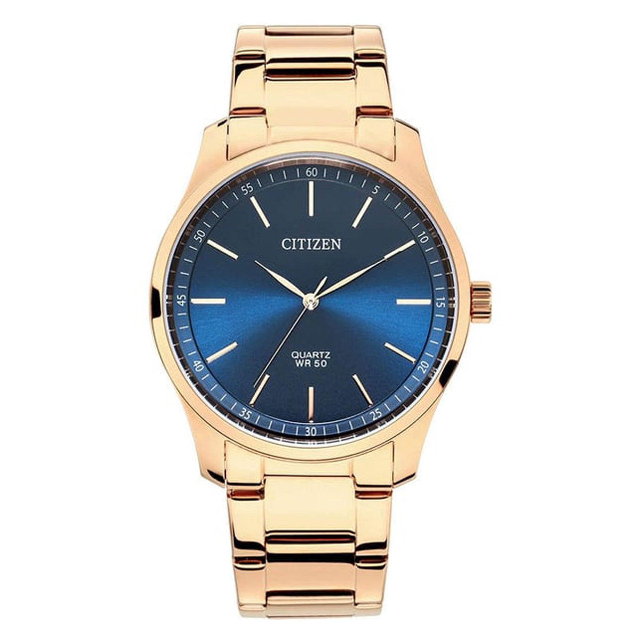 ساعة للرجال ستانلس ستيل دهبي ازرق سيزن Citizen Mens Quartz Watch, Analog Display And Stainless Steel Strap - Bh5003-51l