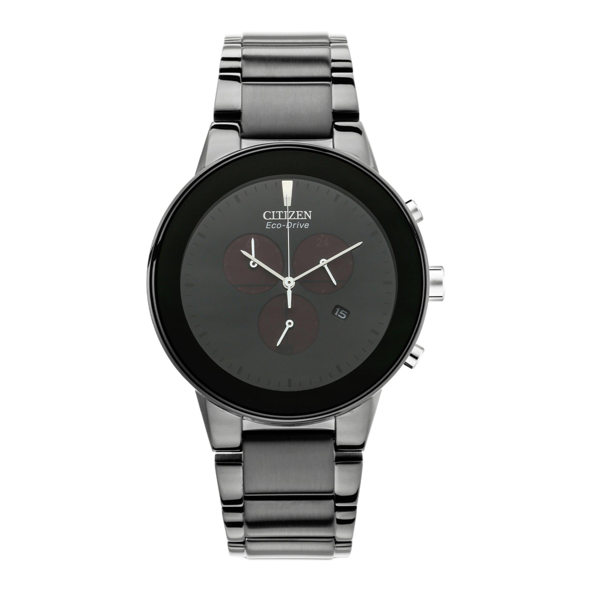 ساعة للرجال ستانلس ستيل رمادي اسود سيتزن Citizen Men's Solar Powered Black Stainless Steel Strap Watch At2245-57e