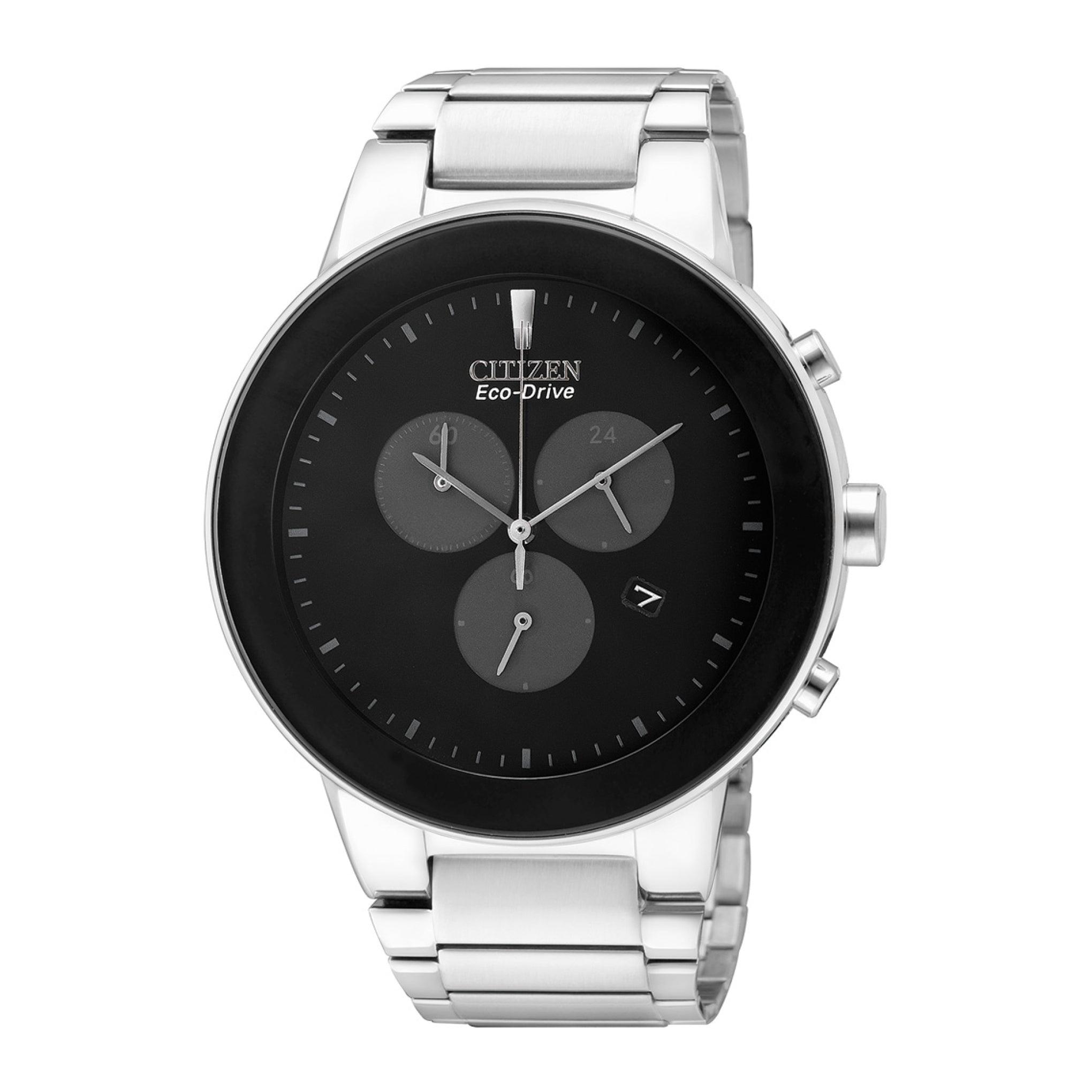 ساعة للرجال ستانلس ستيل فضي اسود سيتزن Citizen Men's Solar Powered Silver Stainless Steel Strap Watch At2240-51e