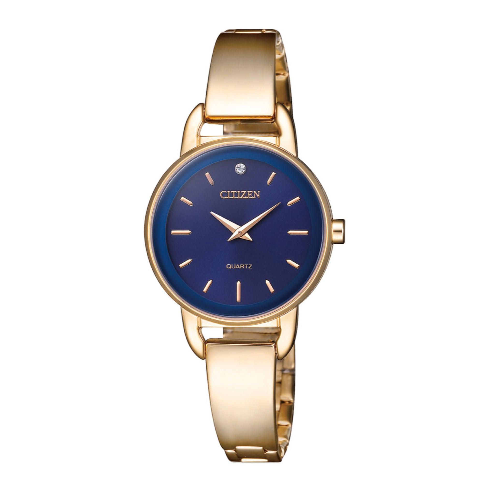 ساعة نسائية ستانلس ستيل دهبي ازرق سيتزن Citizen Women's Analog Blue Dial Gold Stainless Steel Watch-Ez6373-58l