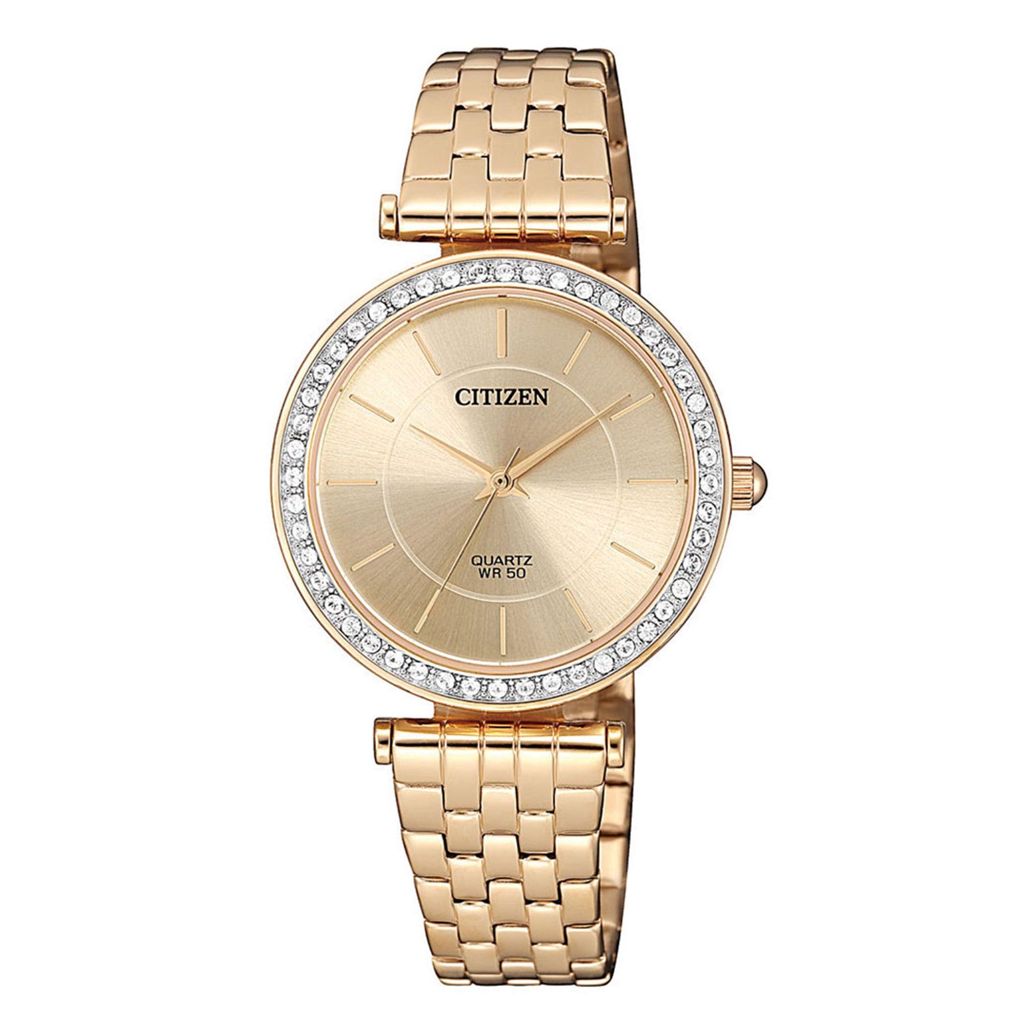 ساعة للسيدات دهبي مع ألماس سيتيزن Citizen Women's Analog Gold Dial Watch-Er0213-57x