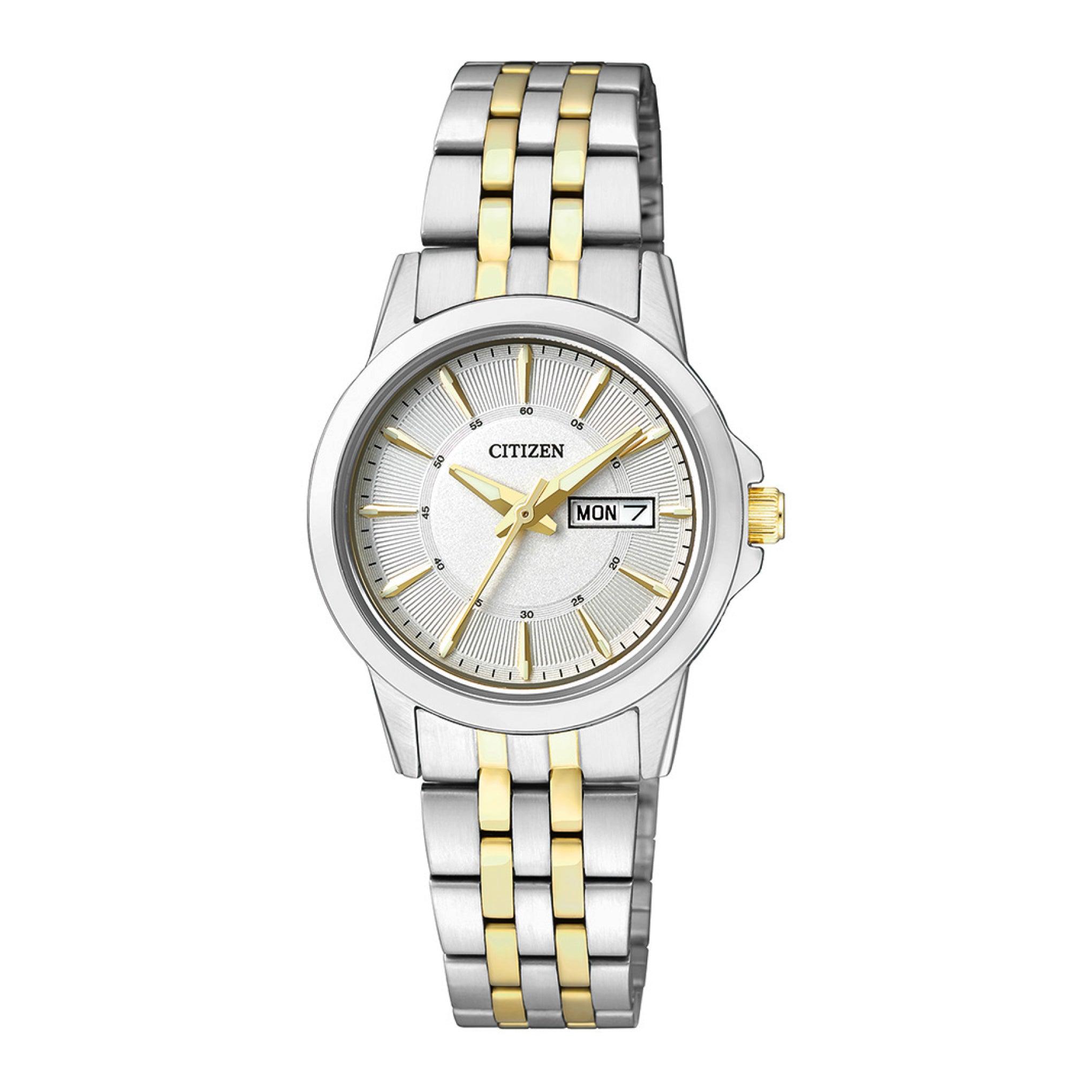 ساعة نسائية ستانلس ستيل فضي دهبي سيتزن Women's Analog White Dial Stainless Steel Watch Eq0608-55a