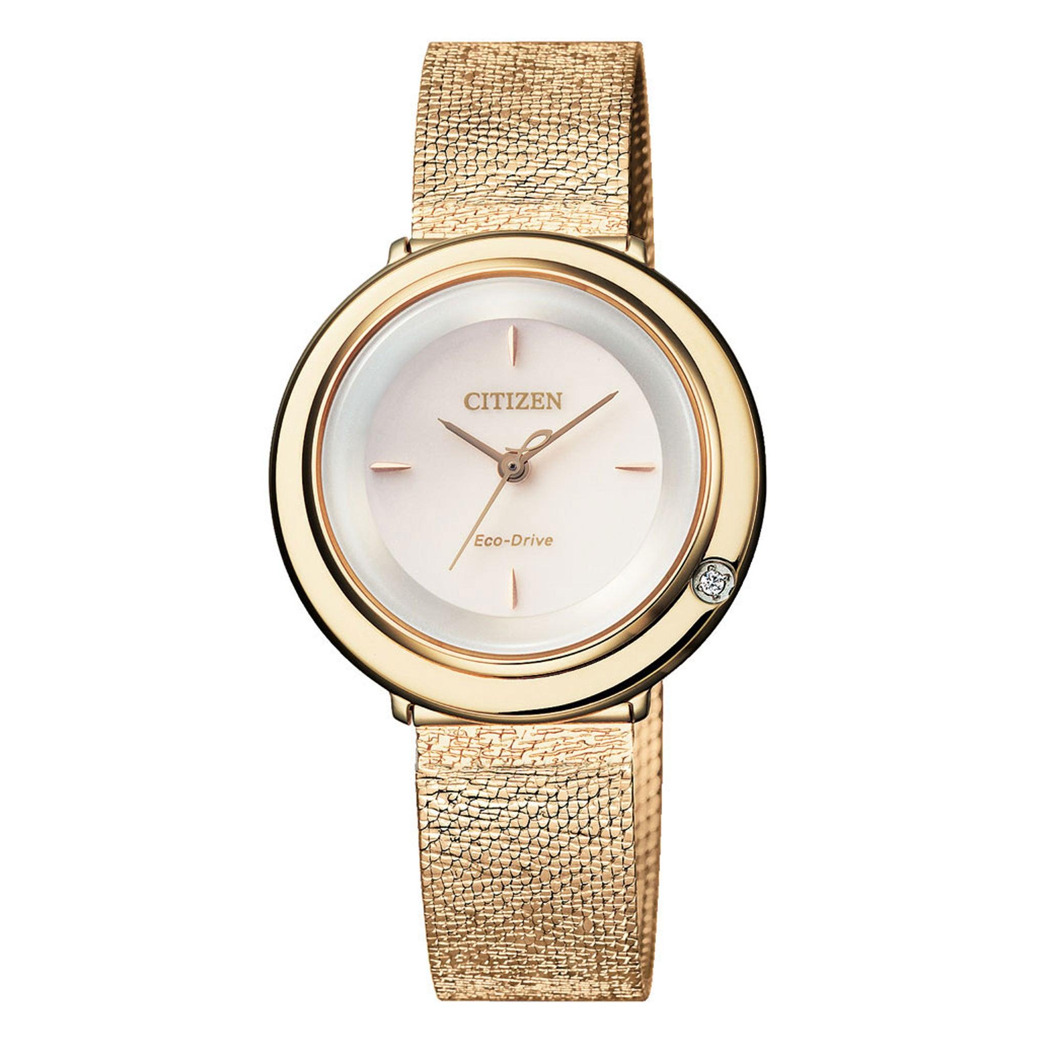 ساعة نسائية ستانلس ستيل دهبي سيتزن Citizen Women's Eco-Drive Rose Gold Stainless Steel Watch Em0643-84x