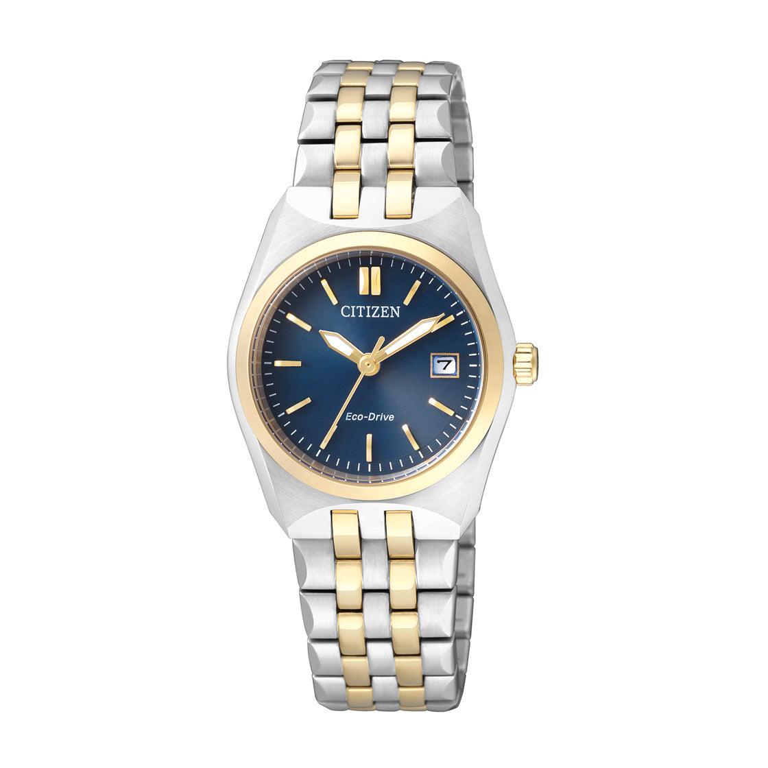 ساعة نسائية ستانلس ستيل فضي دهبي ازرق سيتزن Citizen Women's Navy Blue Dial Stainless Steel Band Watch - Ew2294-61l