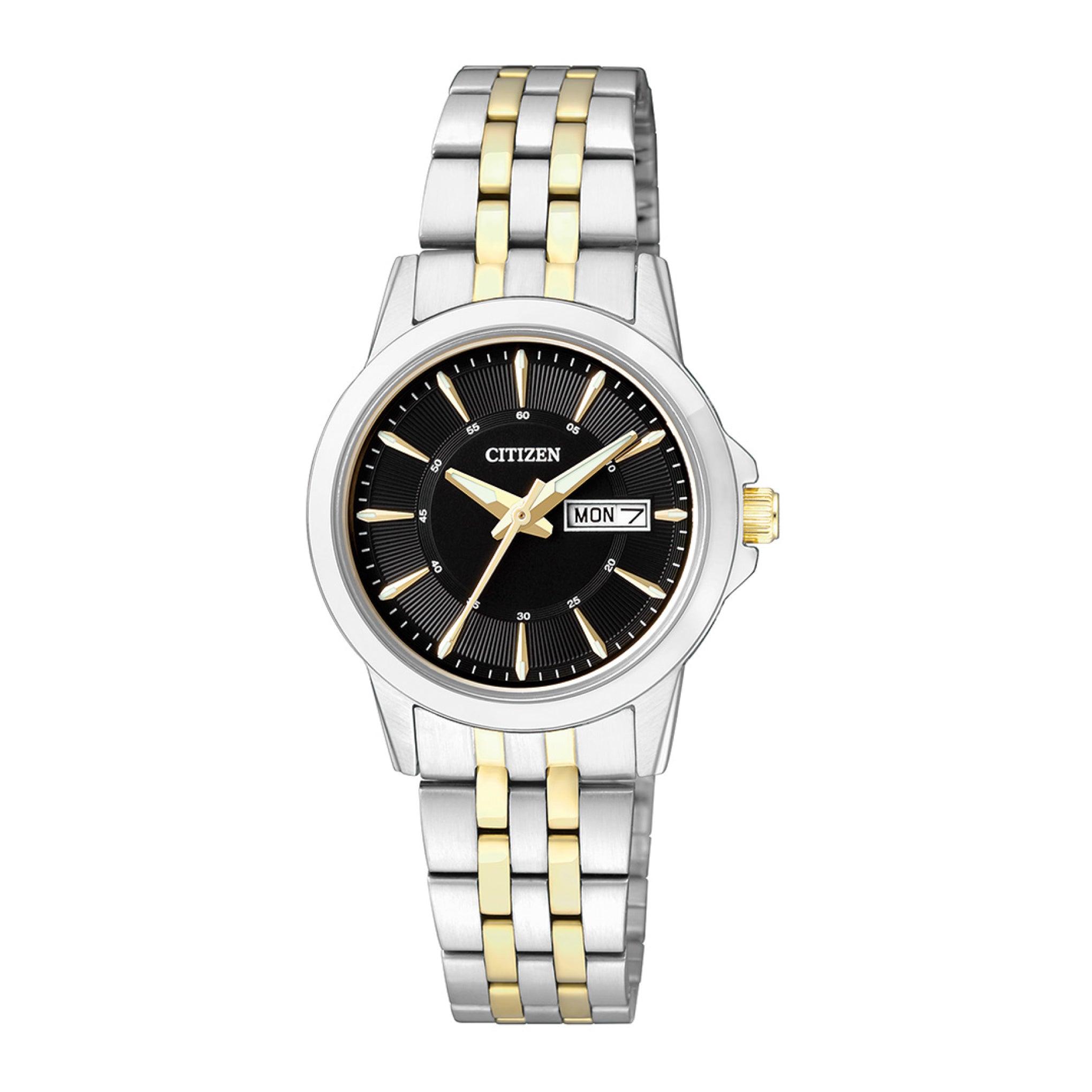 ساعة للرجال ستانلس ستيل فضي دهبي سيتزن Citizen Women's Quartz Analog Display And Stainless Steel Strap Watch Eq0608-55e