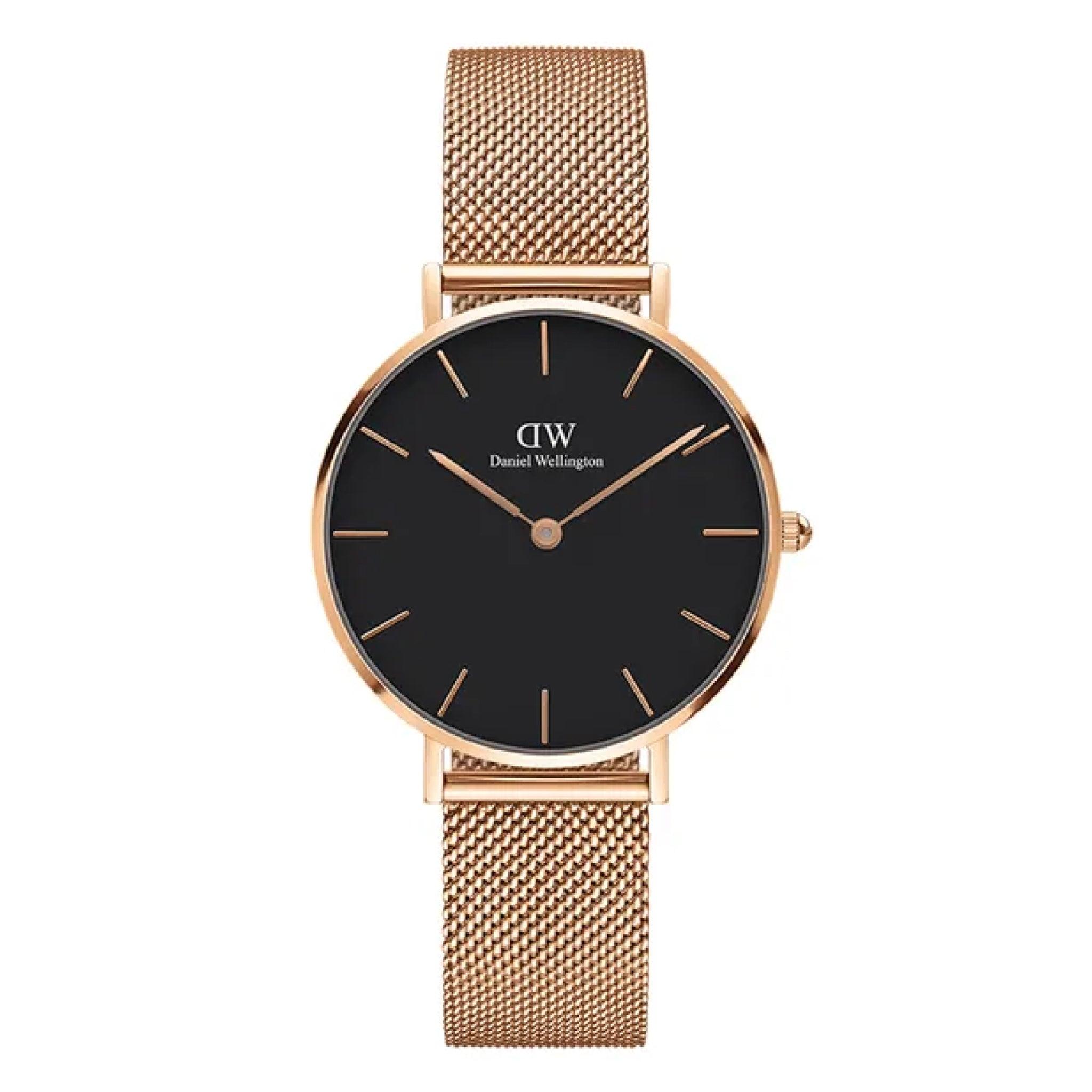 ساعة نسائية ستانلس ستيل دهبي اسود دانيال ولينغتون Daniel Wellington Dw00100161 Petite Black Melrose Rose Gold Ladies Watch