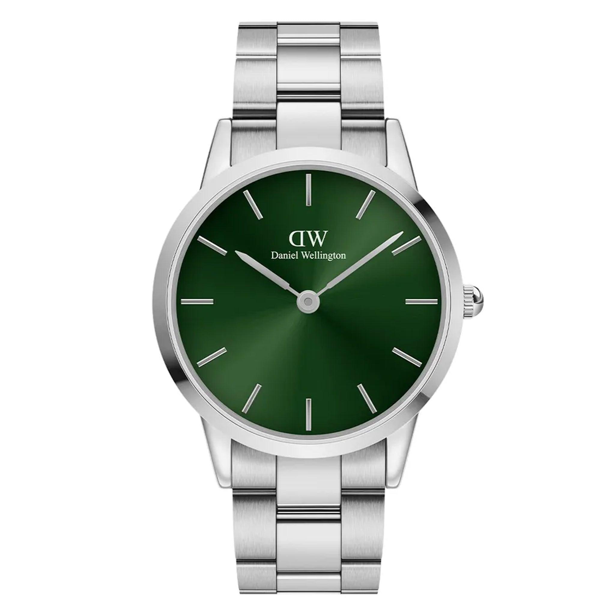 ساعة للرجال ستانلس ستيل فضي اخضر دانيال ولينغتون Daniel Wellington Dw00100427 Iconic Link Emerald Features A Glossy Emerald Green Dial Men's Watch