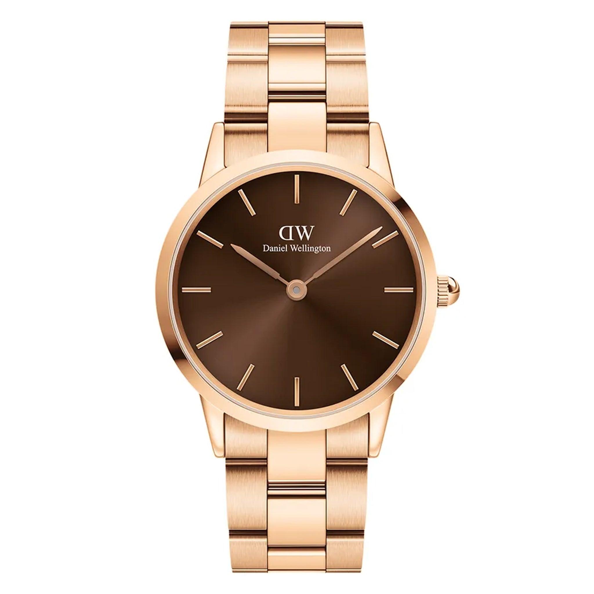 ساعة نسائية ستانلس ستيل دهبي بني داميال ولينغتون Daniel Wellington Dw00100461 Iconic Link Emerald Features A Glossy Emerald Brown Dial Women's Analog Watch