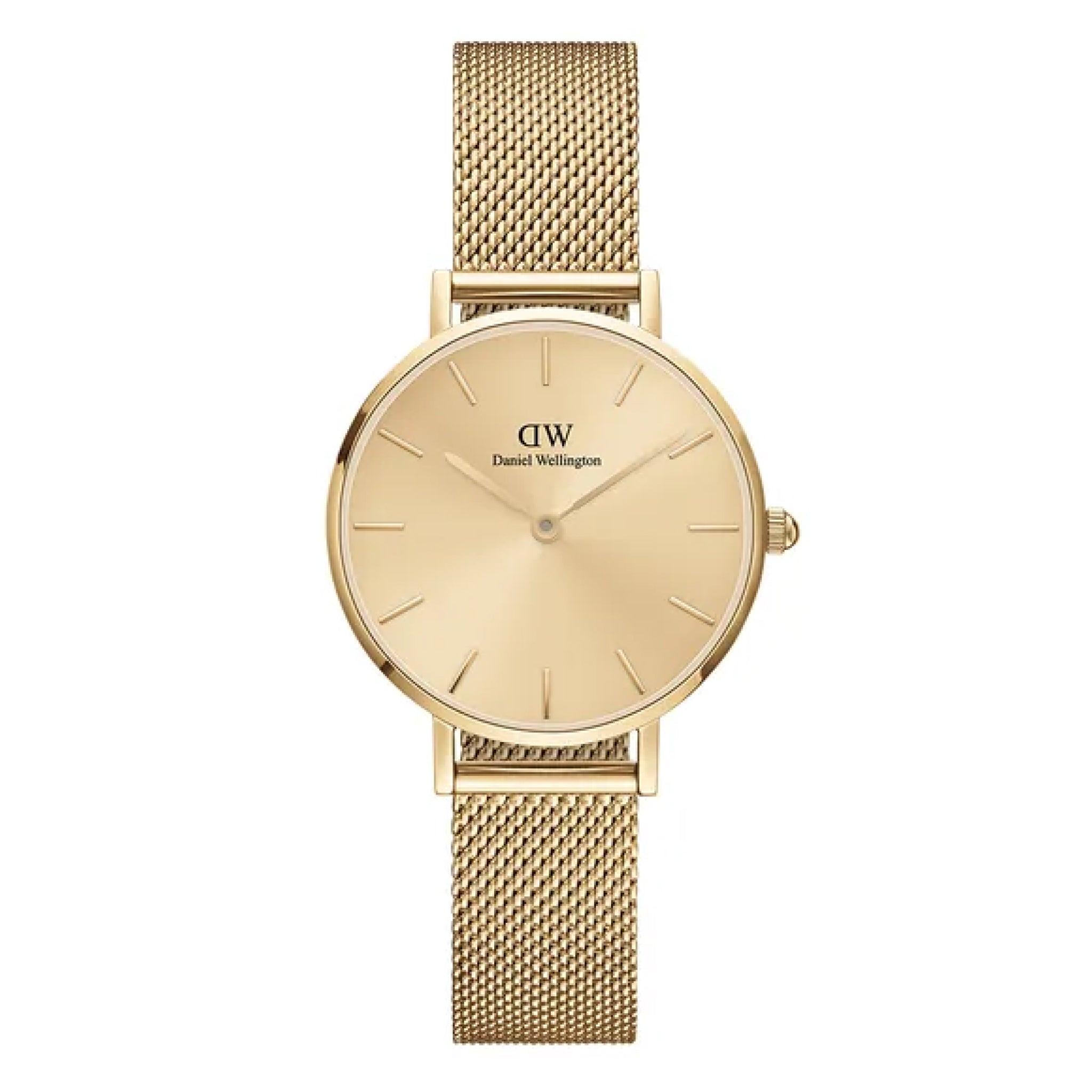 ساعات دانيال ولينغتون نسائية Dw00100473 قياس 28 ملم معدن شبكي ذهبي Daniel Wellington Gold Stainless Steel Women's Watch Dw00100473