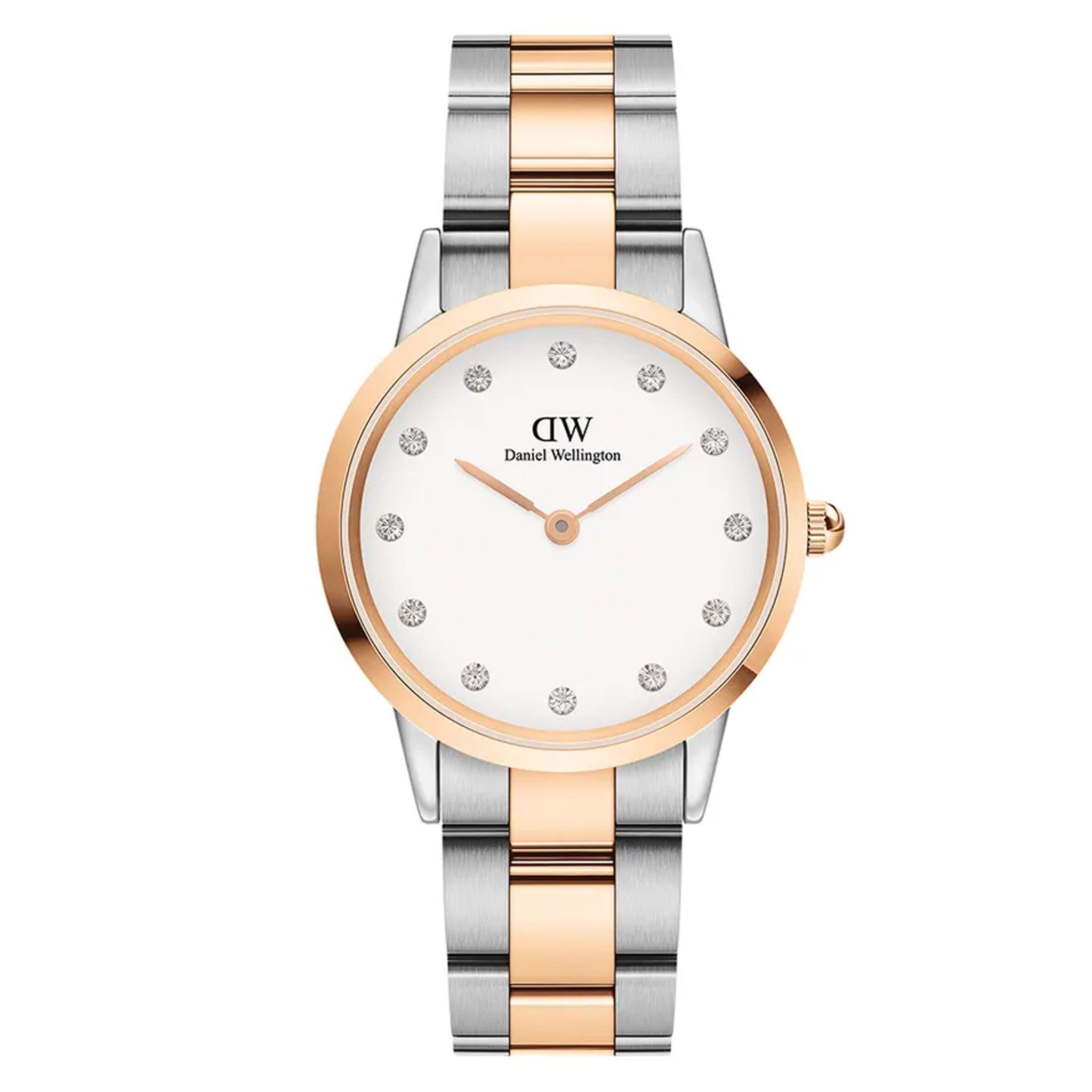 ساعات دانيال ولينغتون نسائية Dw00100359 قياس 28 ملم معدن فضي وروز جولد Daniel Wellington Iconic Link Lumine Silver Gold Ladies Watch Dw00100359