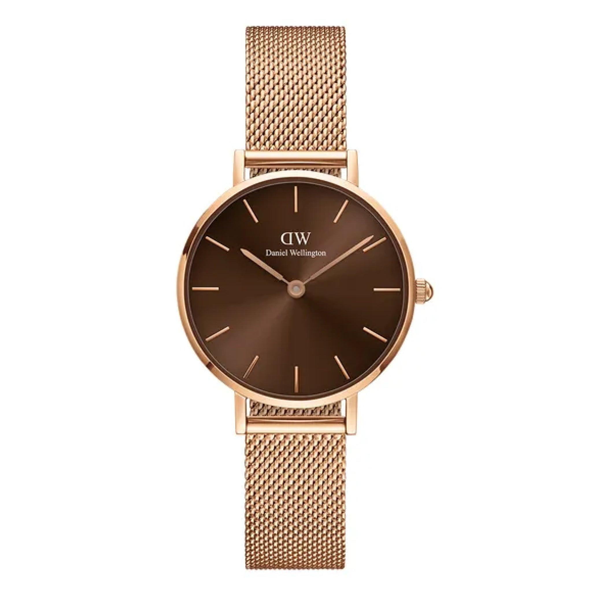 ساعات دانيال ولينغتون نسائية Dw00100476 قياس 28 ملم معدن شبكي روز جولد Daniel Wellington Petite Amber Watch Dw00100476