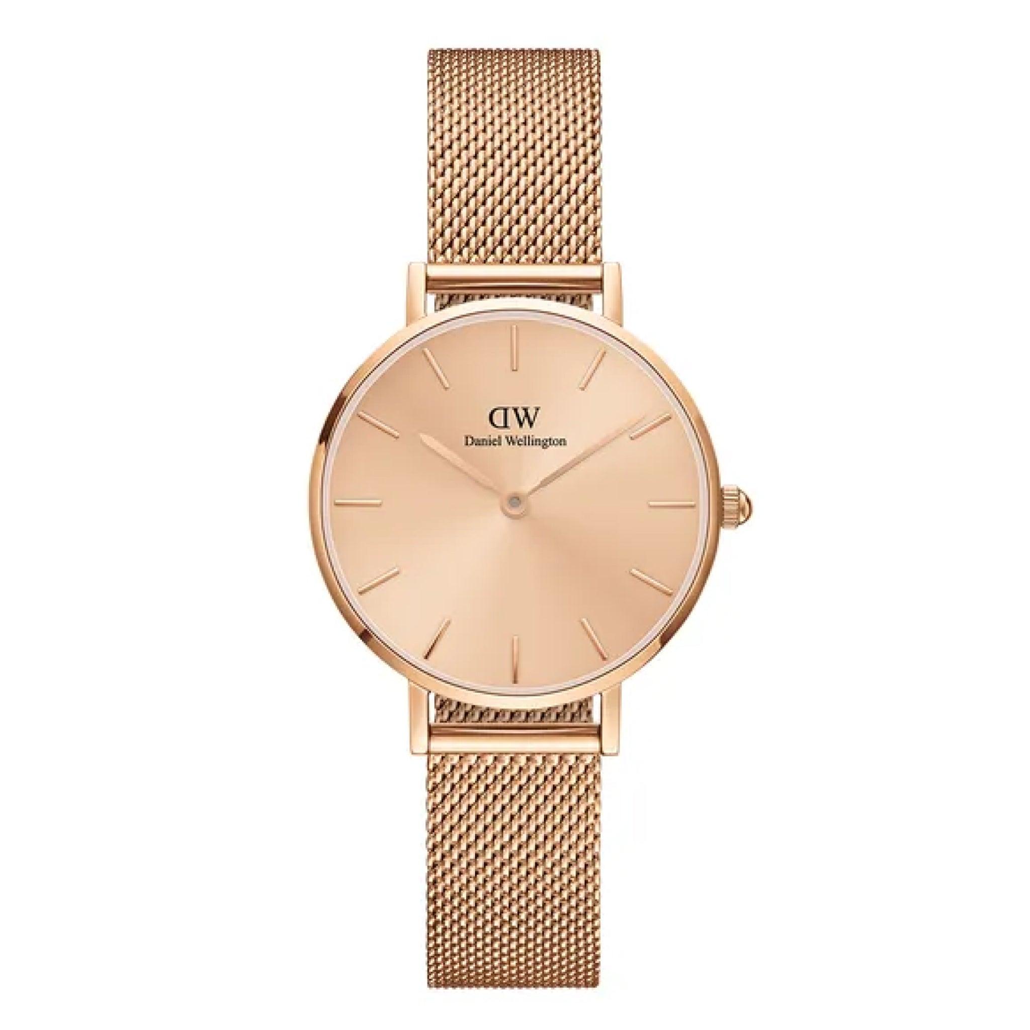 ساعة نسائية ستانلس ستيل دهبي دانيال ولينغون Daniel Wellington Petite Unitone Rose Gold Mesh Strap Rose Gold Dial Watch - Dw00100470