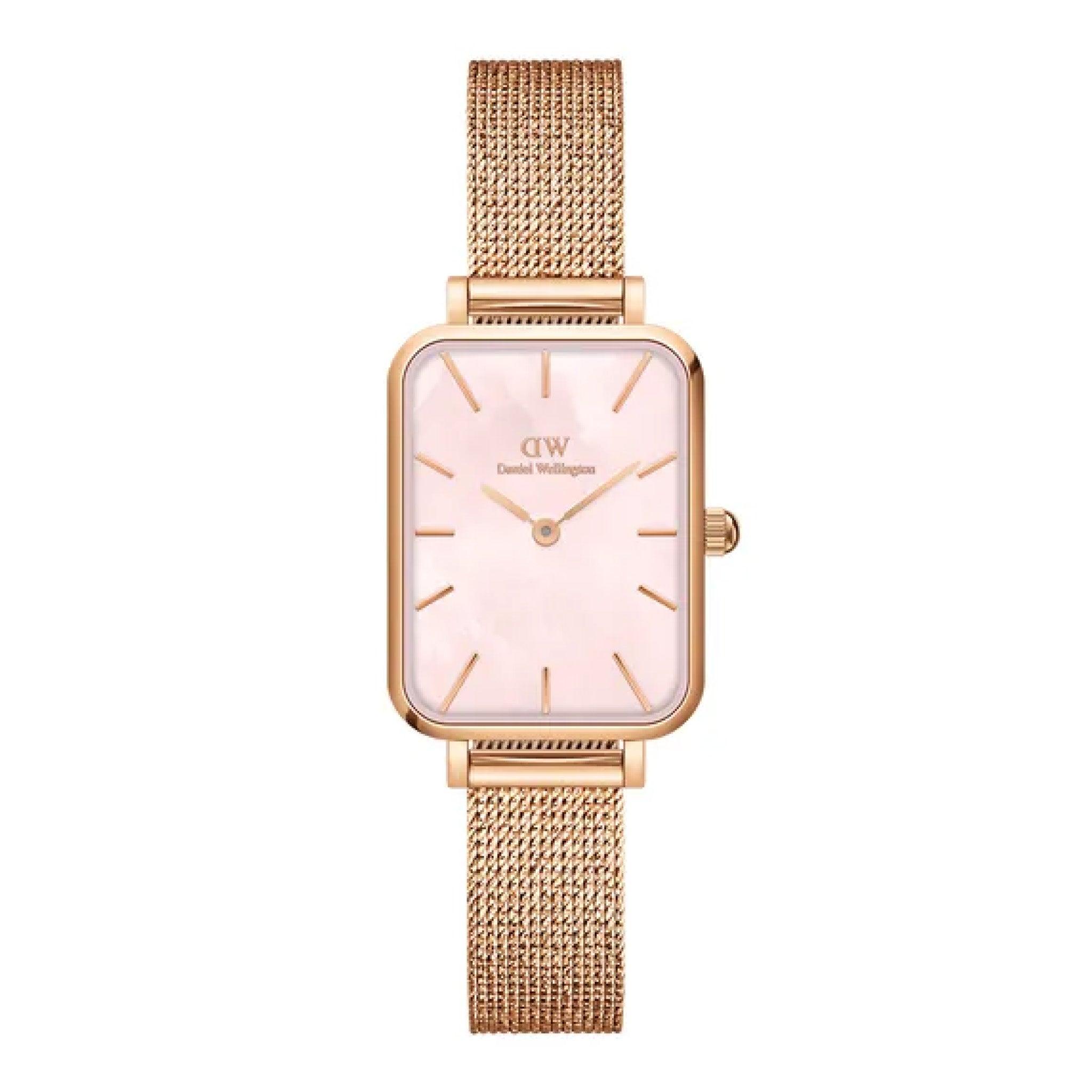 ساعات دانيال ولينغتون نسائية Dw00100510 قياس 26 ملم معدن روز جولد Daniel Wellington Quadro Pressed Melrose Pink Dial Women's Watch Dw00100510