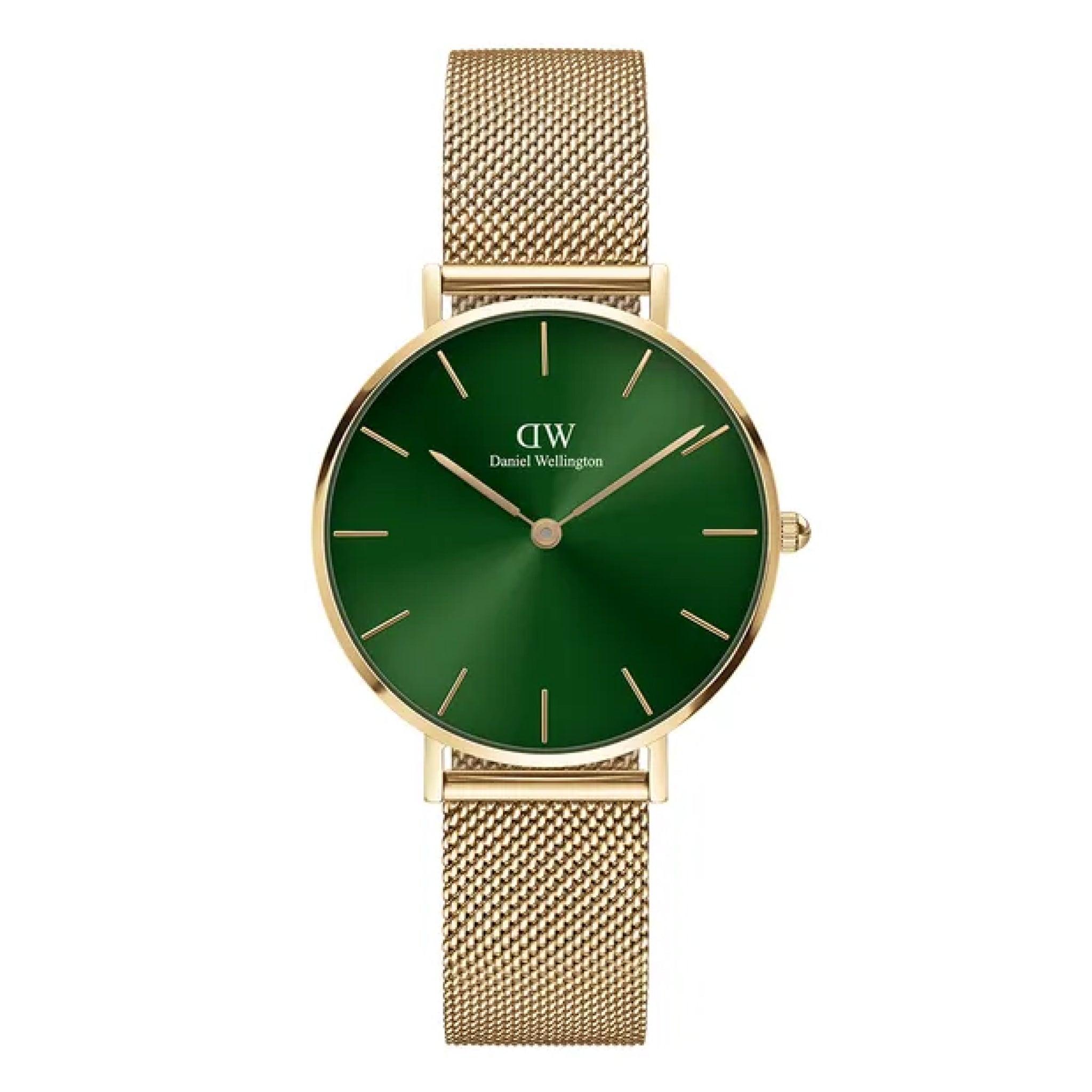 ساعات دانيال ولينغتون نسائية Dw00100480 قياس 32 ملم معدن شبكي ذهبي Daniel Wellington Woman's Watch, Petite Emerald 32mm Gold Green Dw00100480