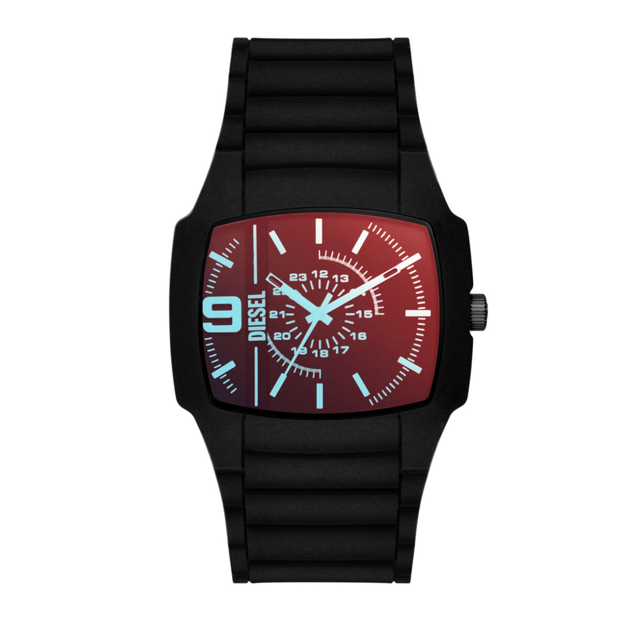 ساعة للرجال سيليكون اسود احمر ديزل Diesel Men's Cliffhanger 2.0 Quartz Stainless Steel And Silicone Three-Hand Watch Dz2166