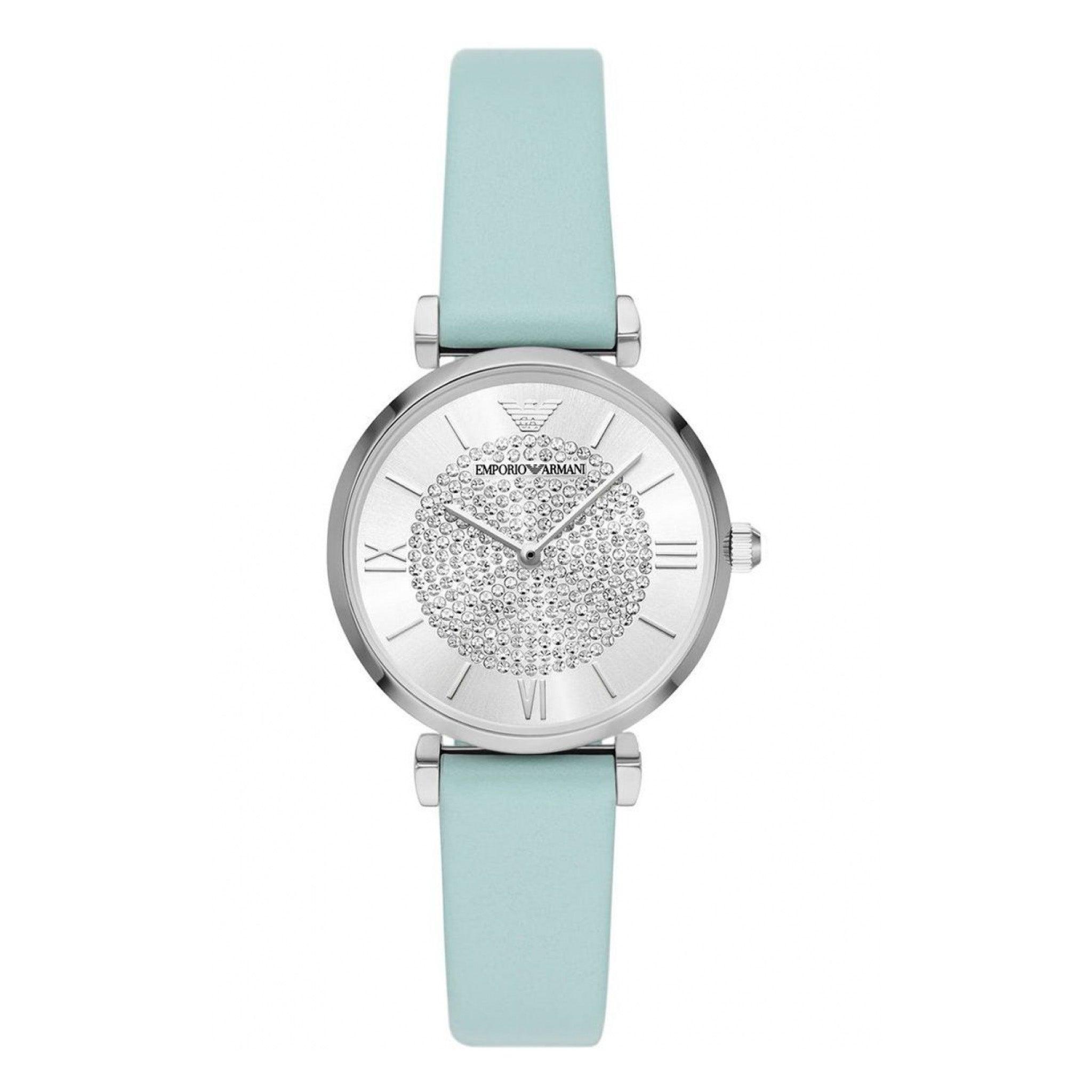 ساعة نسائية جلد ازرق امبوريو ارمانيEmporio Armani Gianni T-Bar Analog Silver Dial Women's Watch-Ar11443