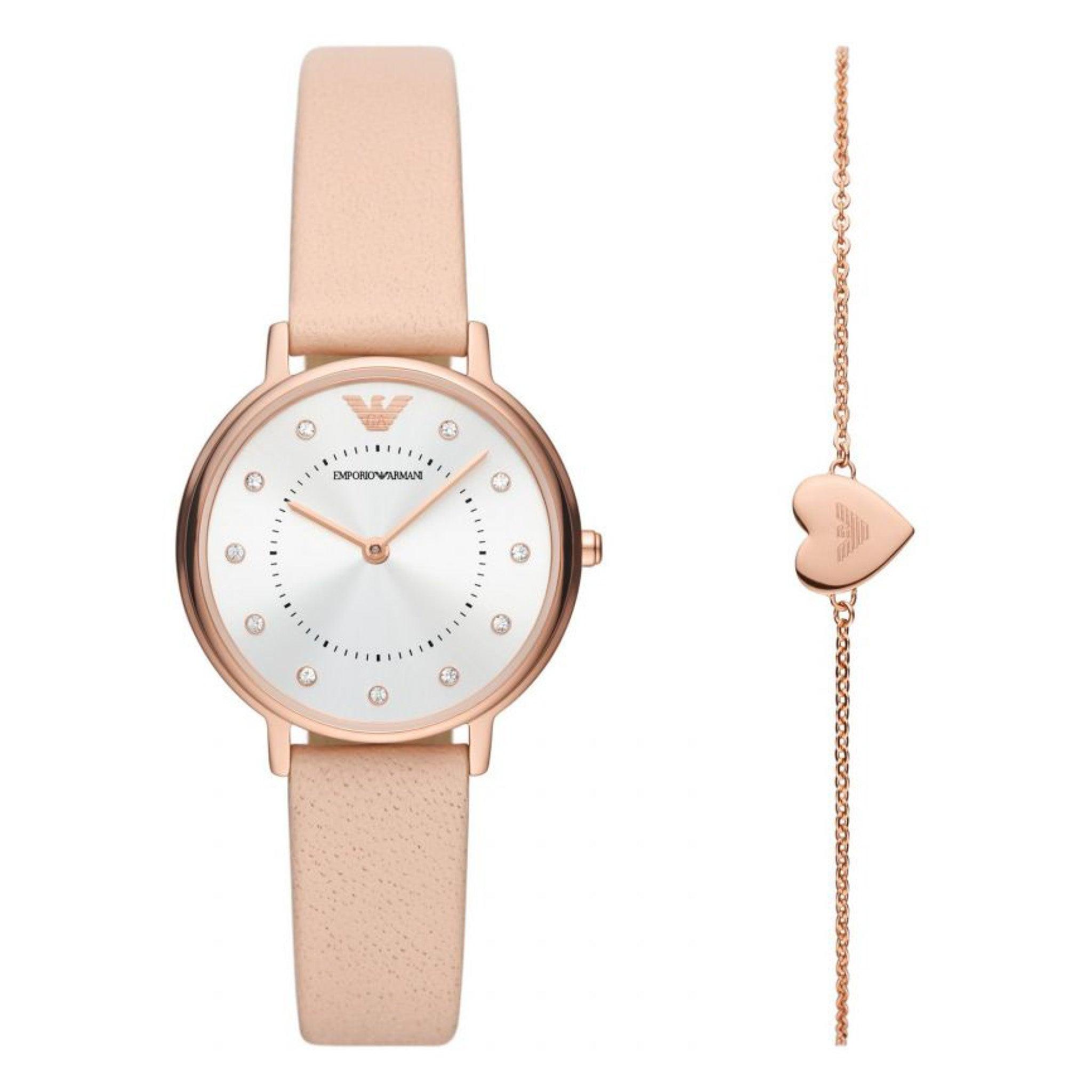 ساعة نسائية جلد مع بلاك وردي امبوريو ارماني Emporio Armani Leather Watch And Bracelet Gift Set Watch Ar80058