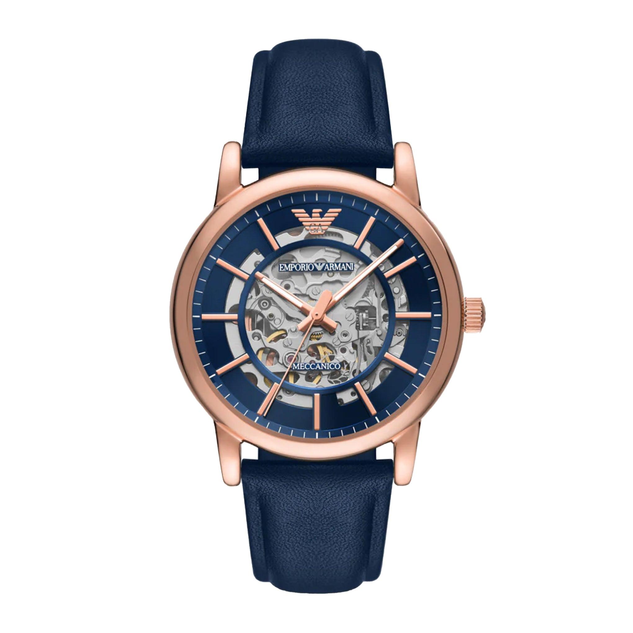 ساعة للرجال جلد ازرق غامق امبوريو ارماني Emporio Armani Men's Automatic Blue Leather Watch Ar60050